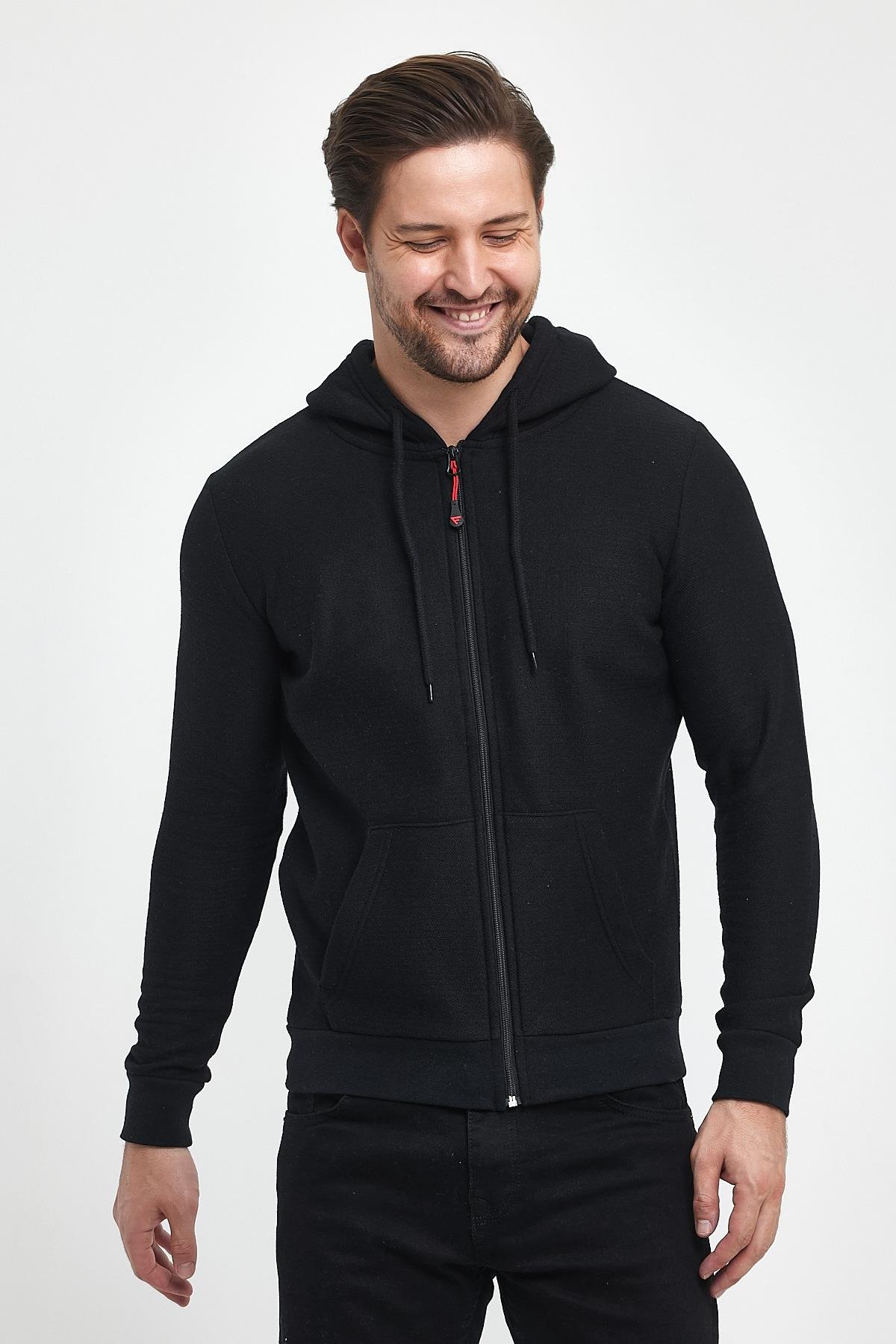 FİHA/8861-ERKEK FERMUARLI KAPŞONLU ŞARDONLU SWEAT - SİYAH