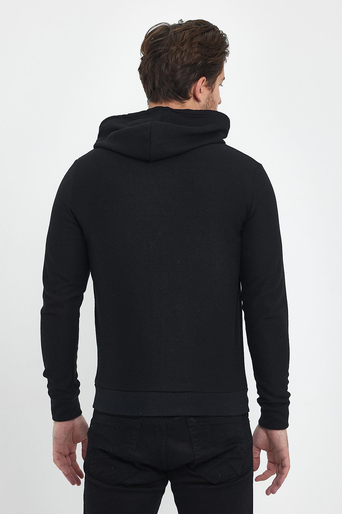 FİHA/8861-ERKEK FERMUARLI KAPŞONLU ŞARDONLU SWEAT - SİYAH