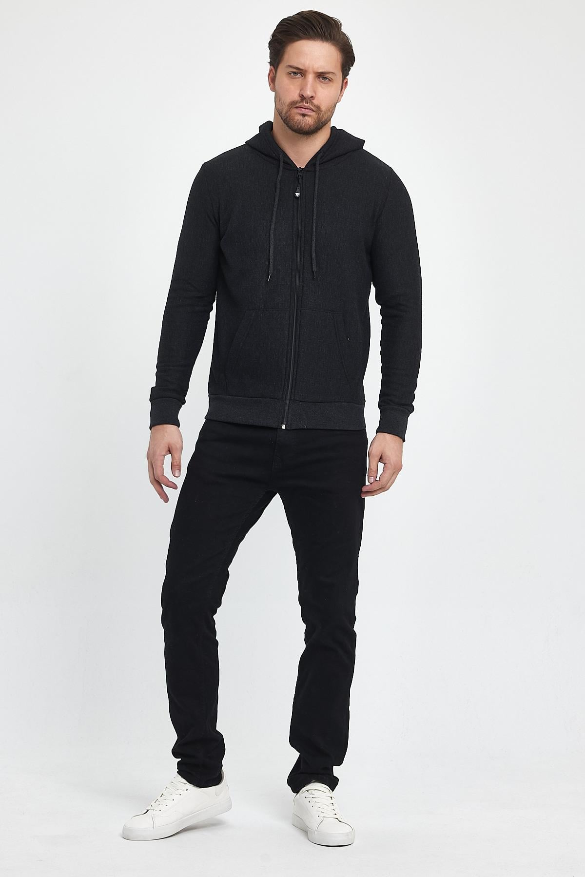 FİHA/8861-ERKEK FERMUARLI KAPŞONLU ŞARDONLU SWEAT - SİYAH