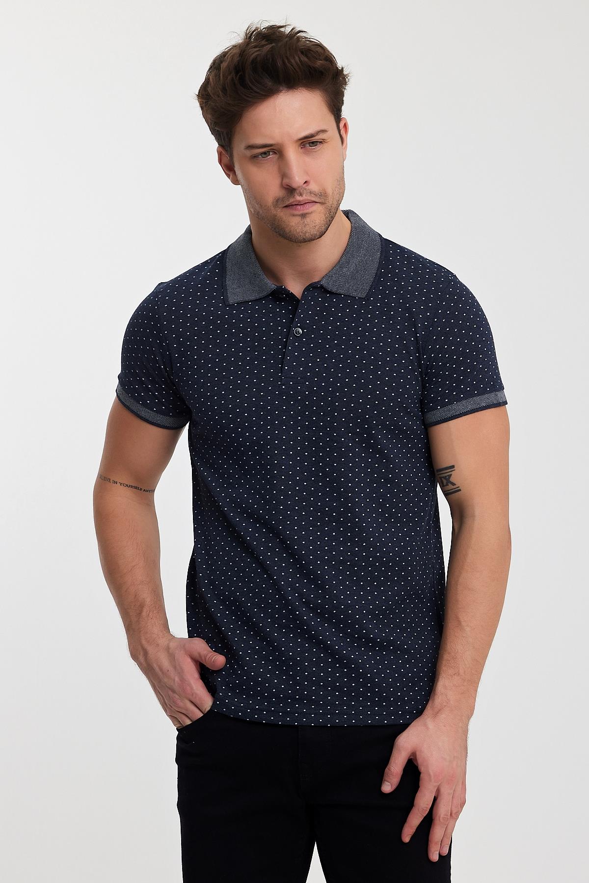 FİHA/8889-ERKEK DESENLİ POLO YAKA T-SHIRT - İNDİGO