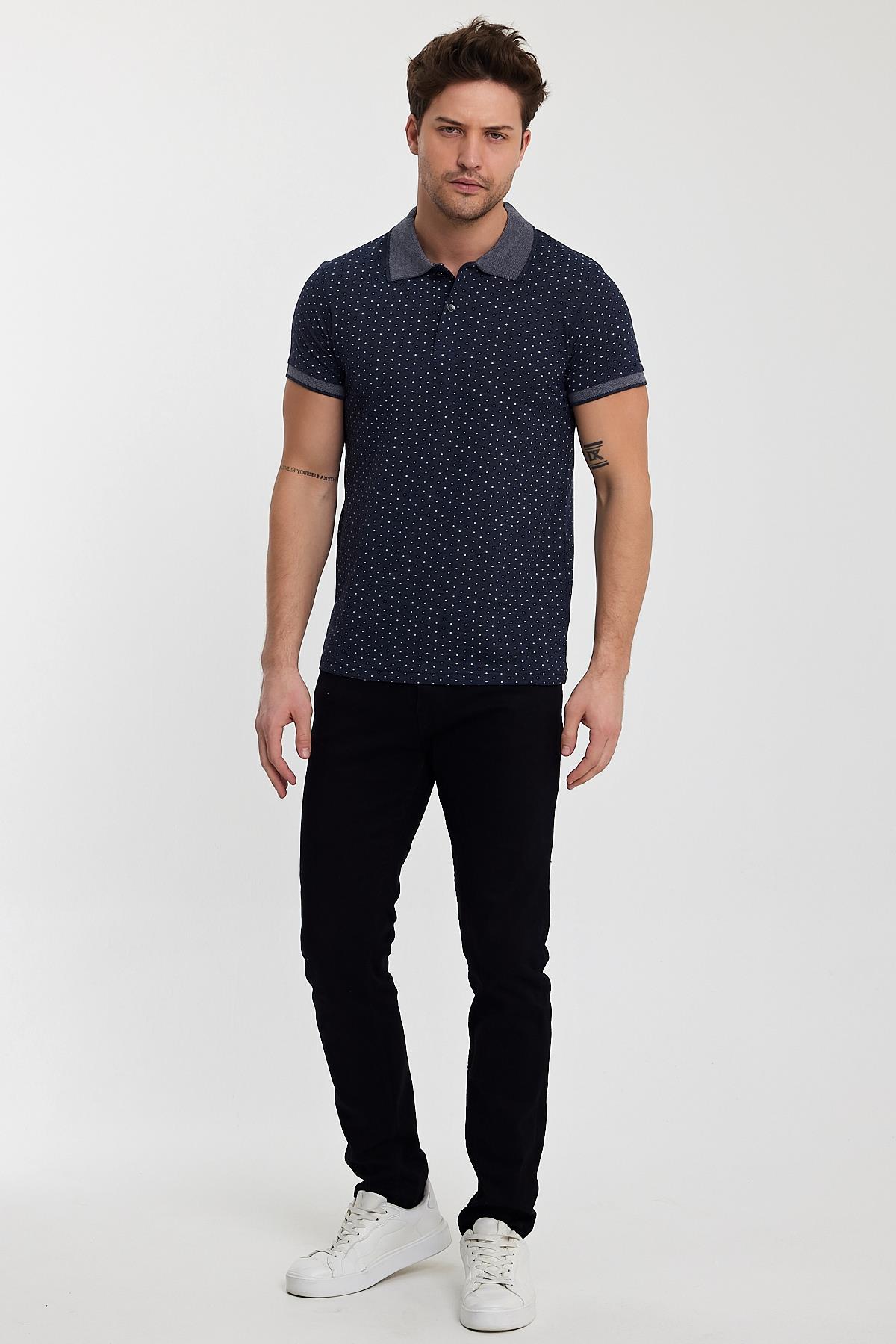 FİHA/8889-ERKEK DESENLİ POLO YAKA T-SHIRT - İNDİGO