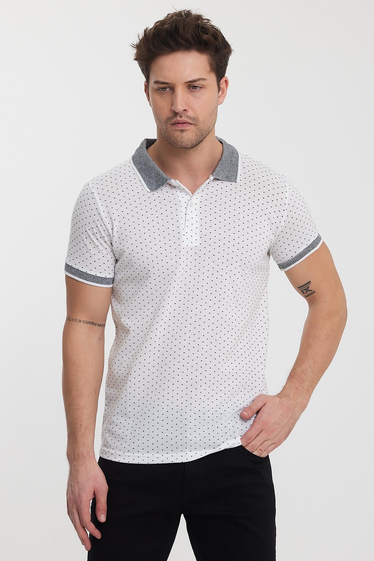 FİHA/8889-ERKEK DESENLİ POLO YAKA T-SHIRT - BEYAZ