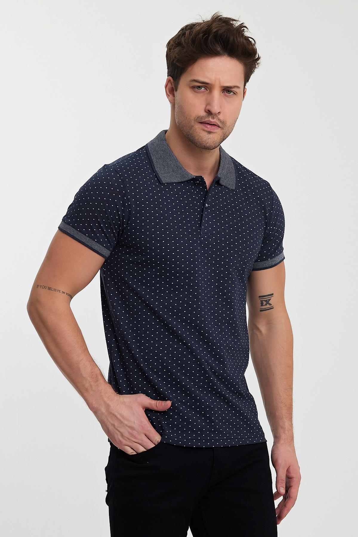 FİHA/8889-ERKEK DESENLİ POLO YAKA T-SHIRT - İNDİGO