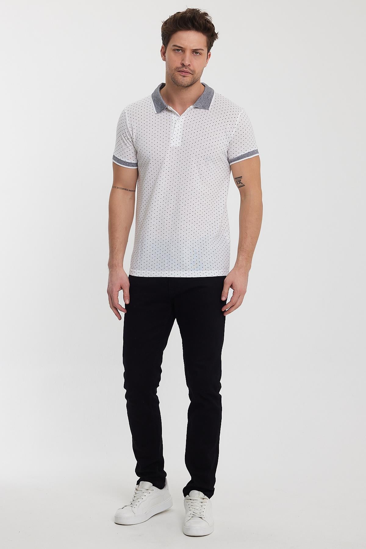 FİHA/8889-ERKEK DESENLİ POLO YAKA T-SHIRT - BEYAZ