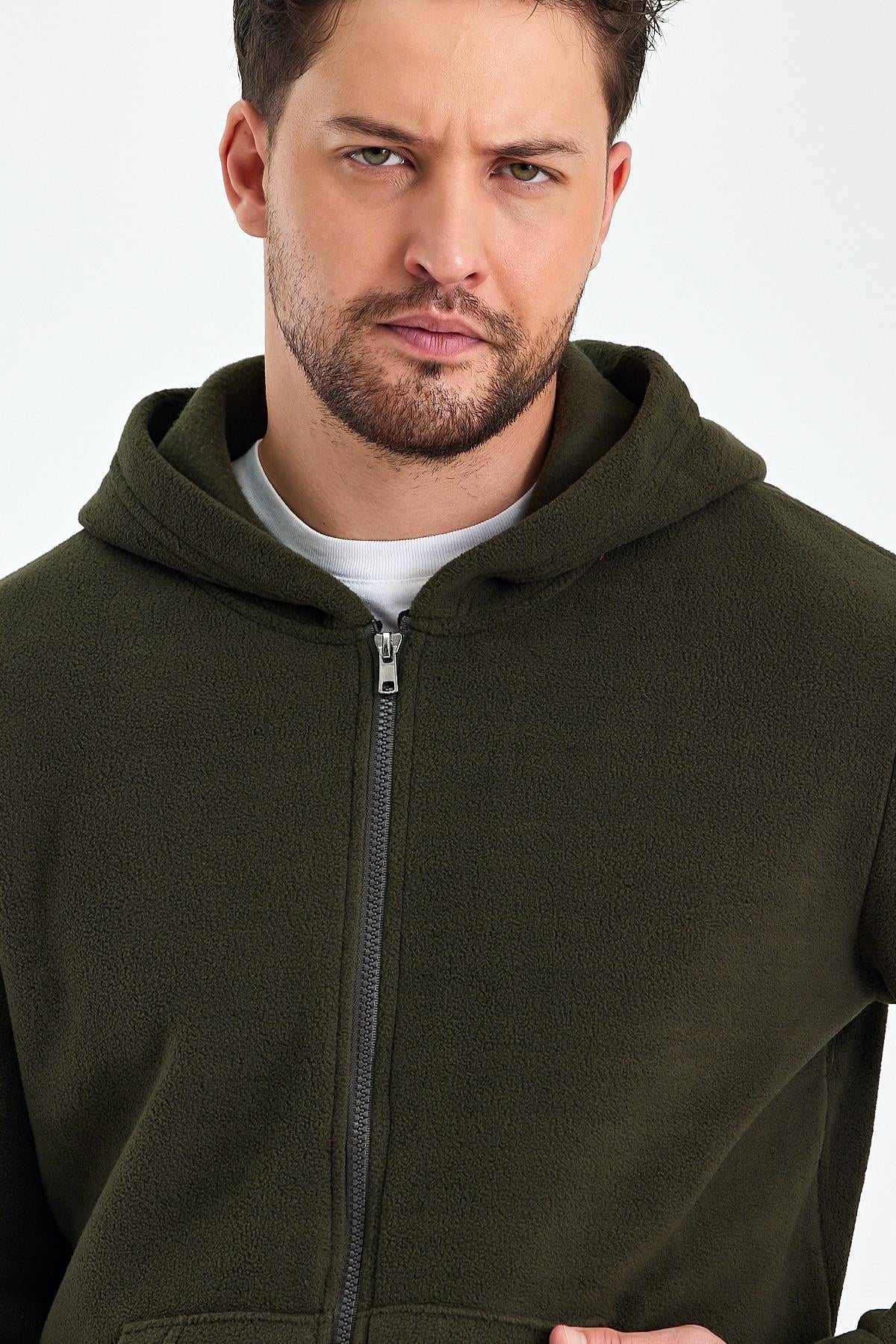 FİHA/8967-ERKEK POLAR FERMUARLI KOLU LASTIKLI SWEAT - HAKİ