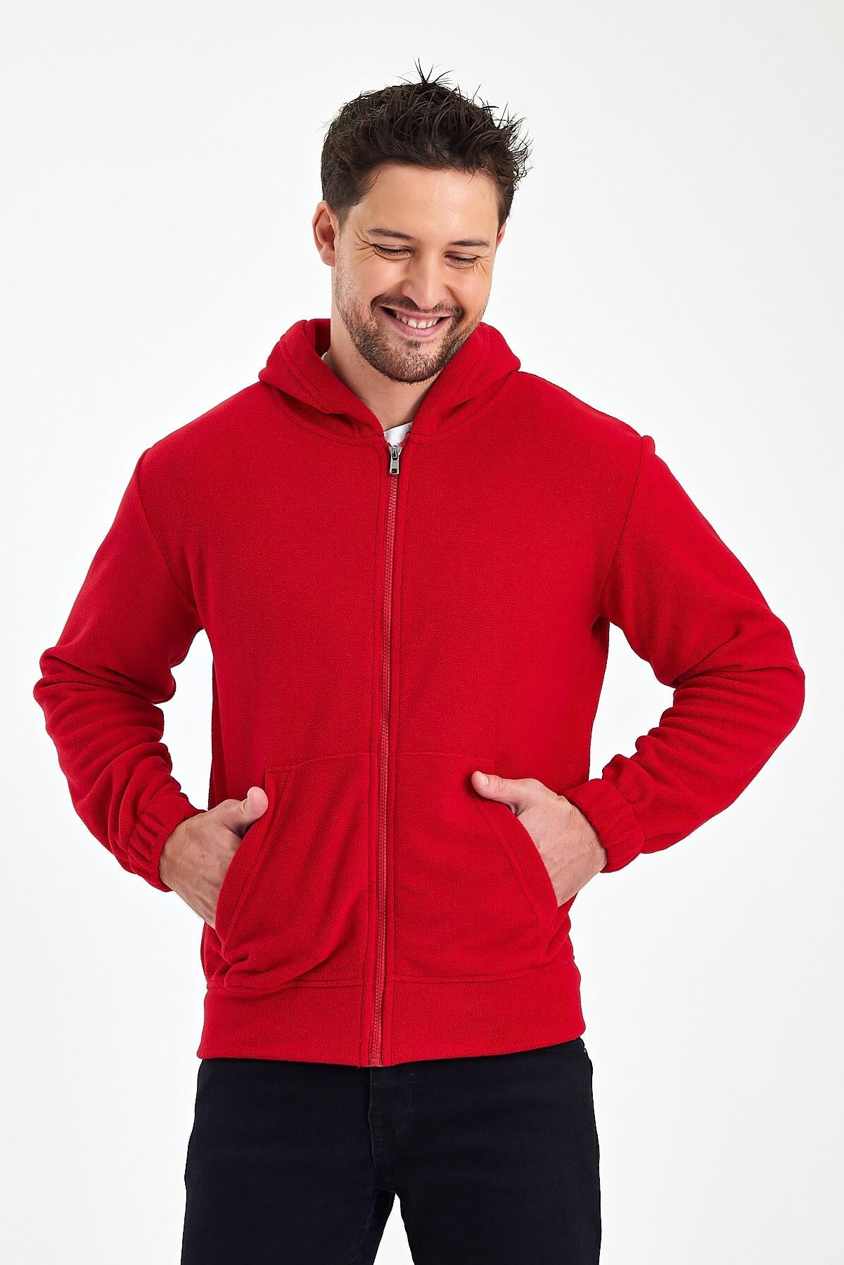 FİHA/8967-ERKEK POLAR FERMUARLI KOLU LASTIKLI SWEAT - KIRMIZI