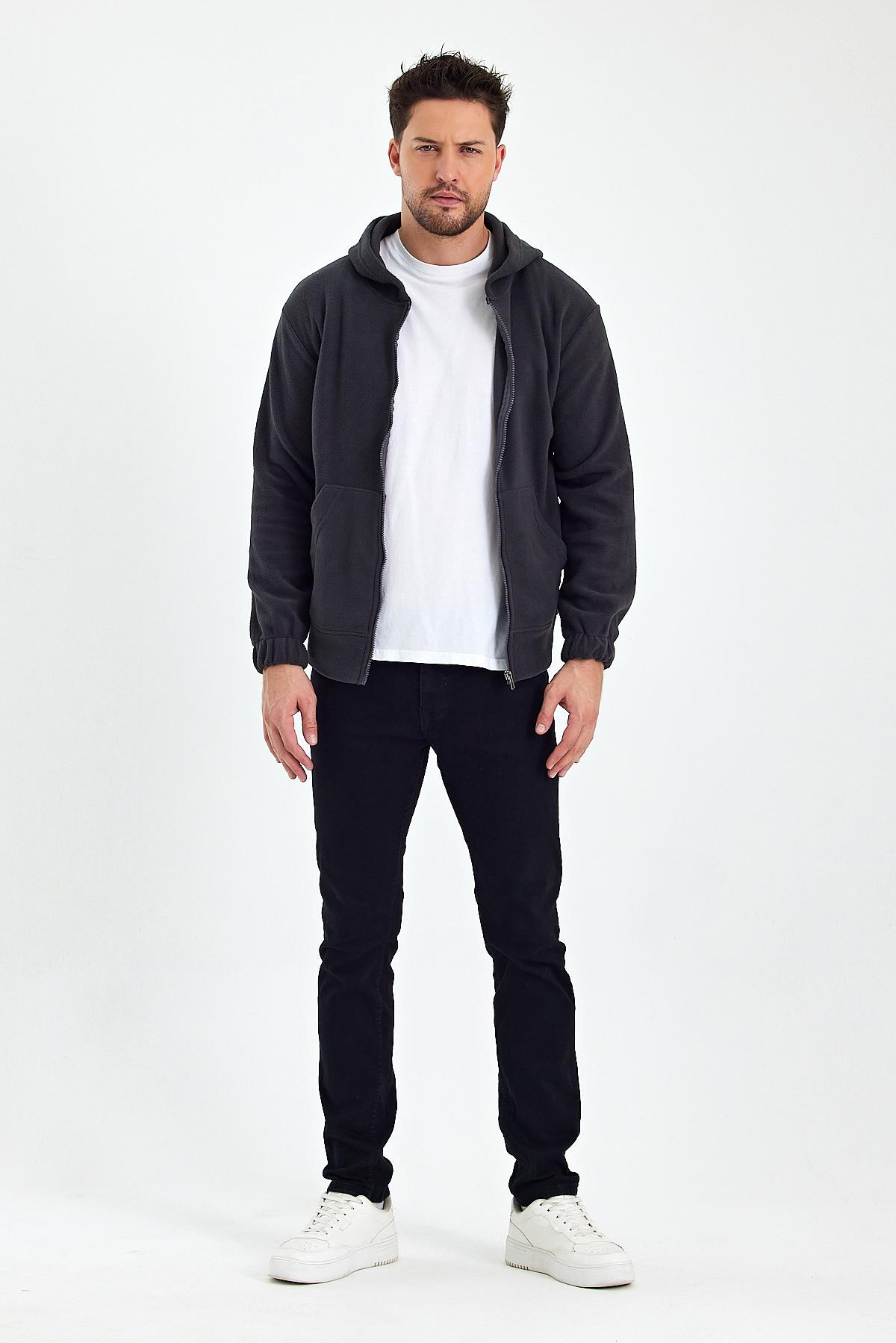 FİHA/8967-ERKEK POLAR FERMUARLI KOLU LASTIKLI SWEAT - FÜME
