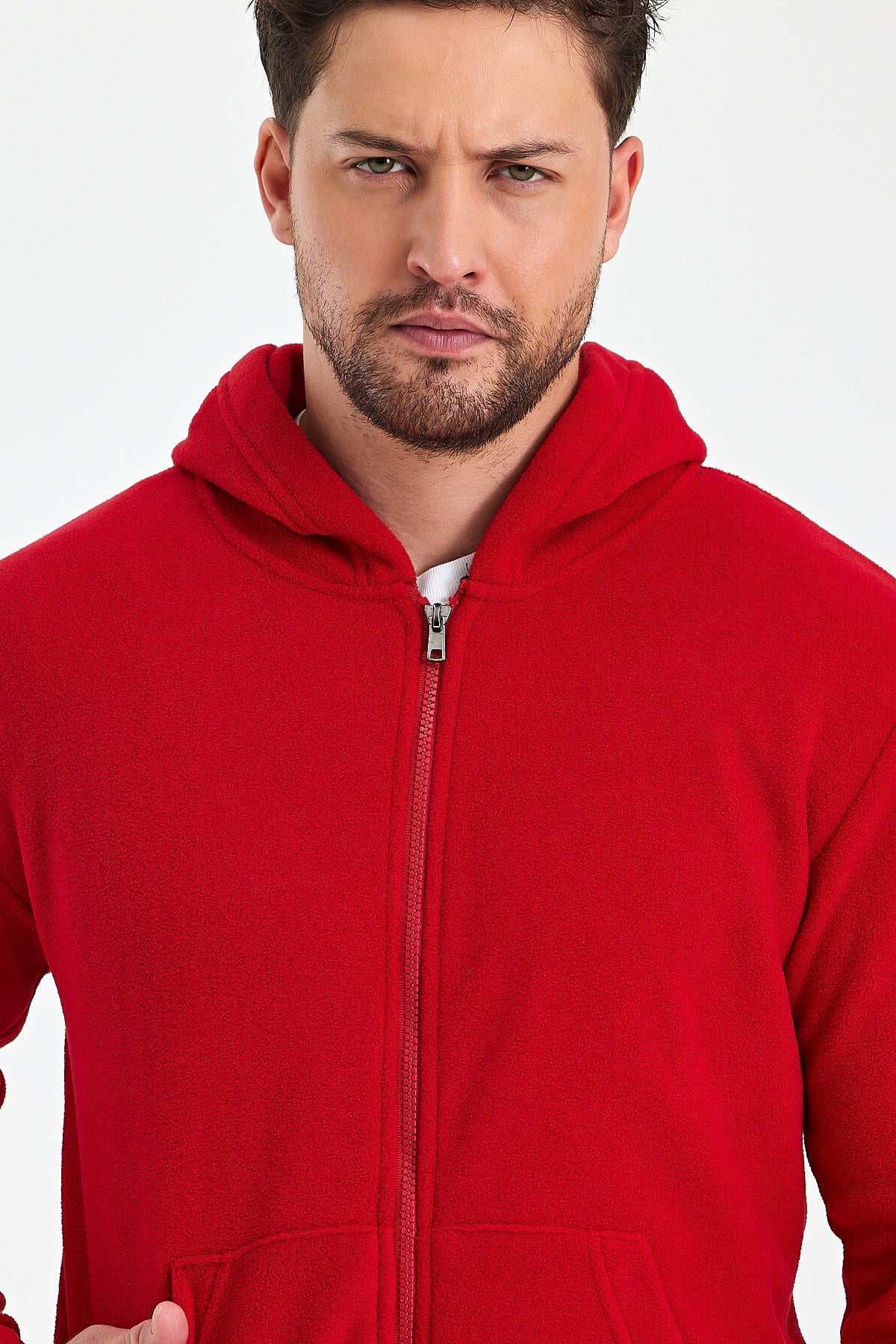 FİHA/8967-ERKEK POLAR FERMUARLI KOLU LASTIKLI SWEAT - KIRMIZI