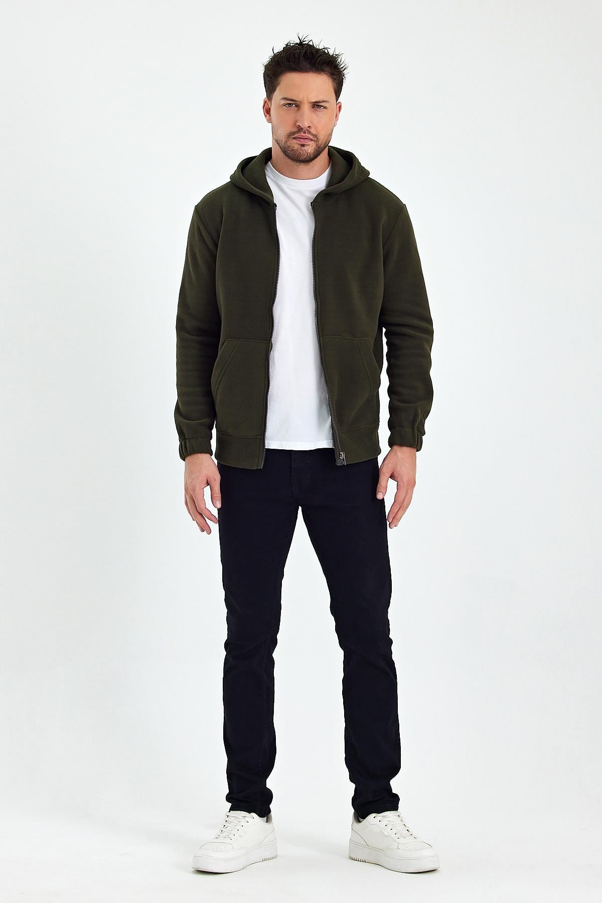 FİHA/8967-ERKEK POLAR FERMUARLI KOLU LASTIKLI SWEAT - HAKİ