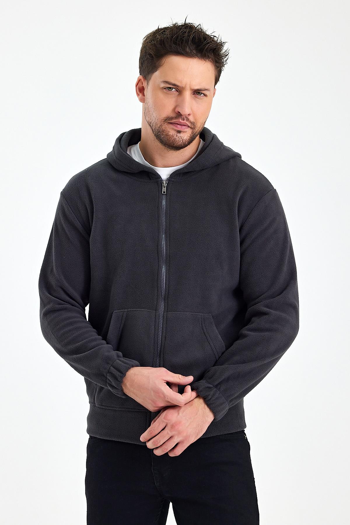 FİHA/8967-ERKEK POLAR FERMUARLI KOLU LASTIKLI SWEAT - FÜME