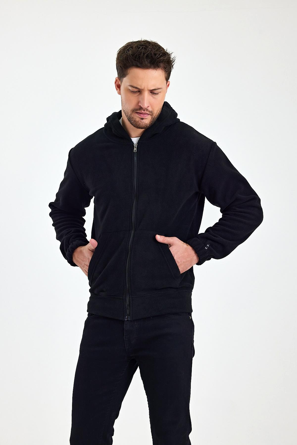 FİHA/8967-ERKEK POLAR FERMUARLI KOLU LASTIKLI SWEAT - SİYAH
