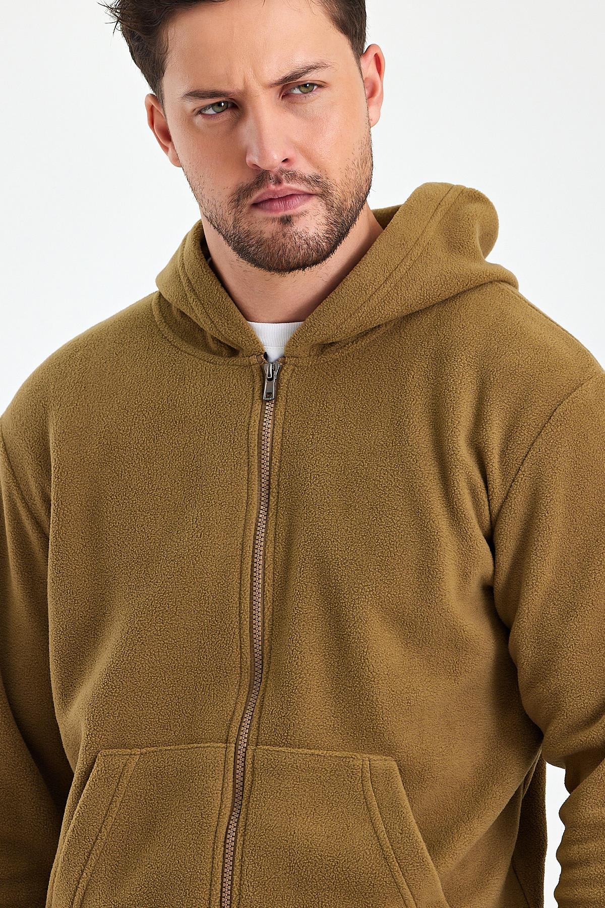 FİHA/8967-ERKEK POLAR FERMUARLI KOLU LASTIKLI SWEAT - AÇIK KAHVE