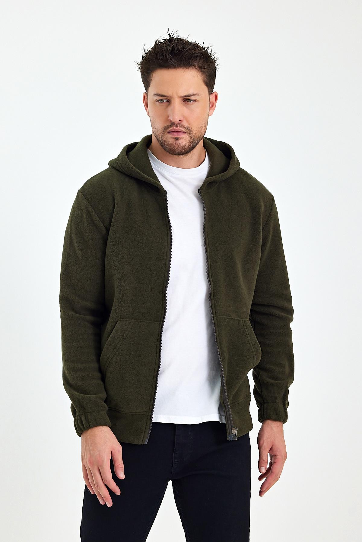 FİHA/8967-ERKEK POLAR FERMUARLI KOLU LASTIKLI SWEAT - HAKİ