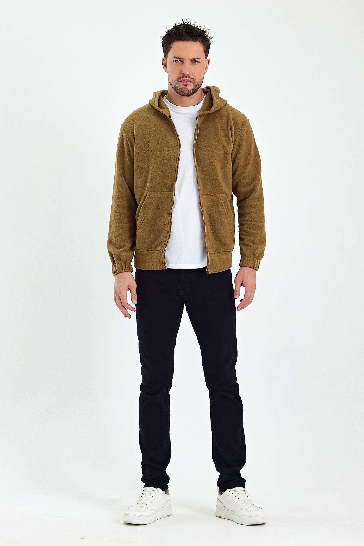 FİHA/8967-ERKEK POLAR FERMUARLI KOLU LASTIKLI SWEAT - AÇIK KAHVE