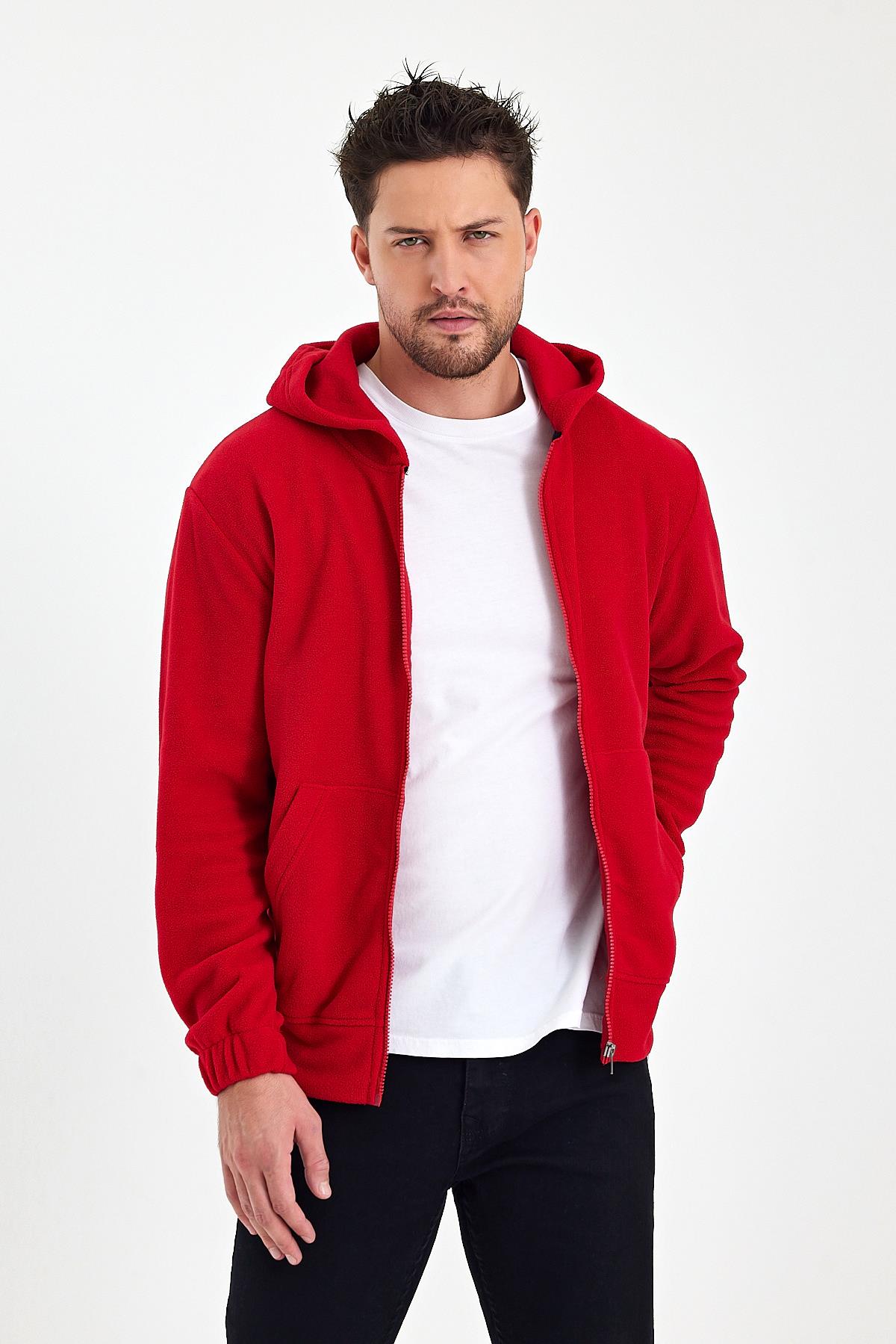 FİHA/8967-ERKEK POLAR FERMUARLI KOLU LASTIKLI SWEAT - KIRMIZI