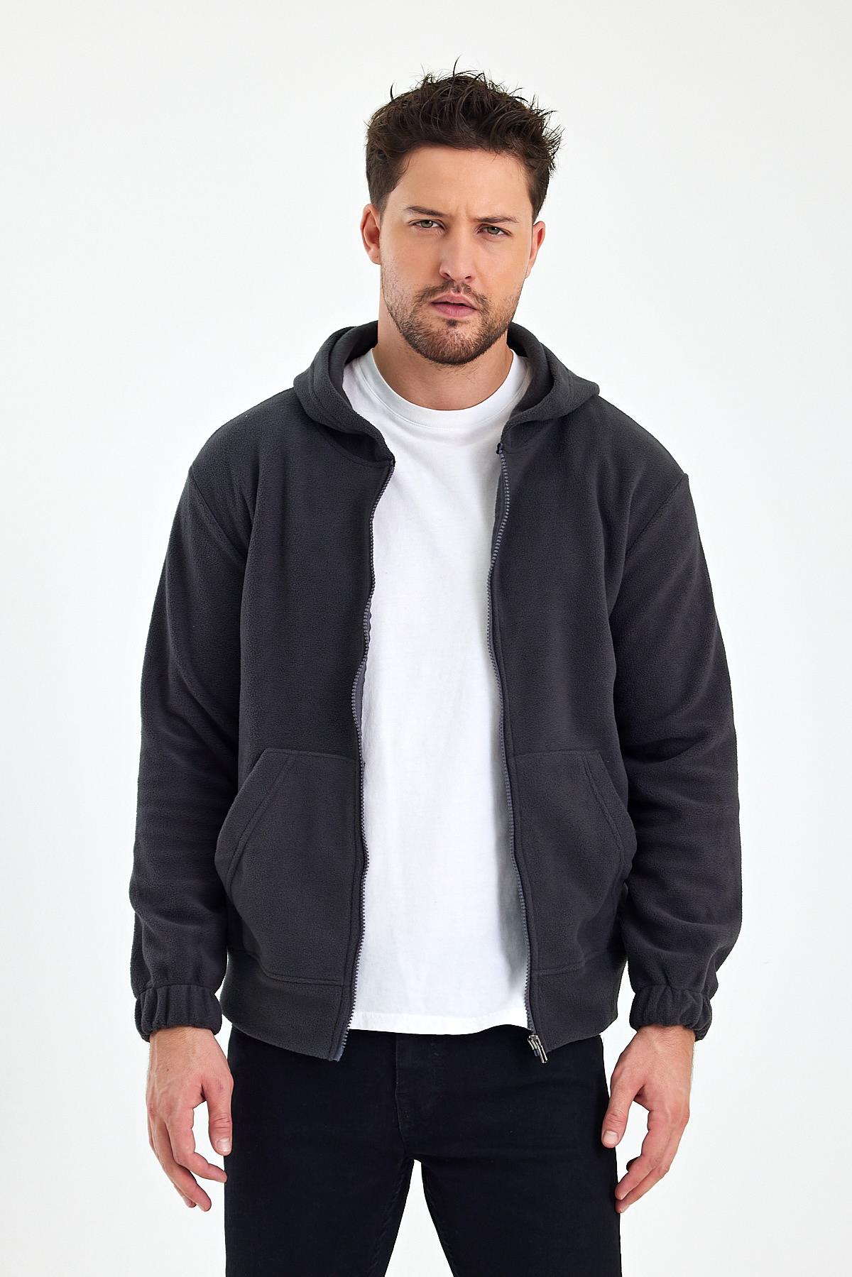 FİHA/8967-ERKEK POLAR FERMUARLI KOLU LASTIKLI SWEAT - FÜME