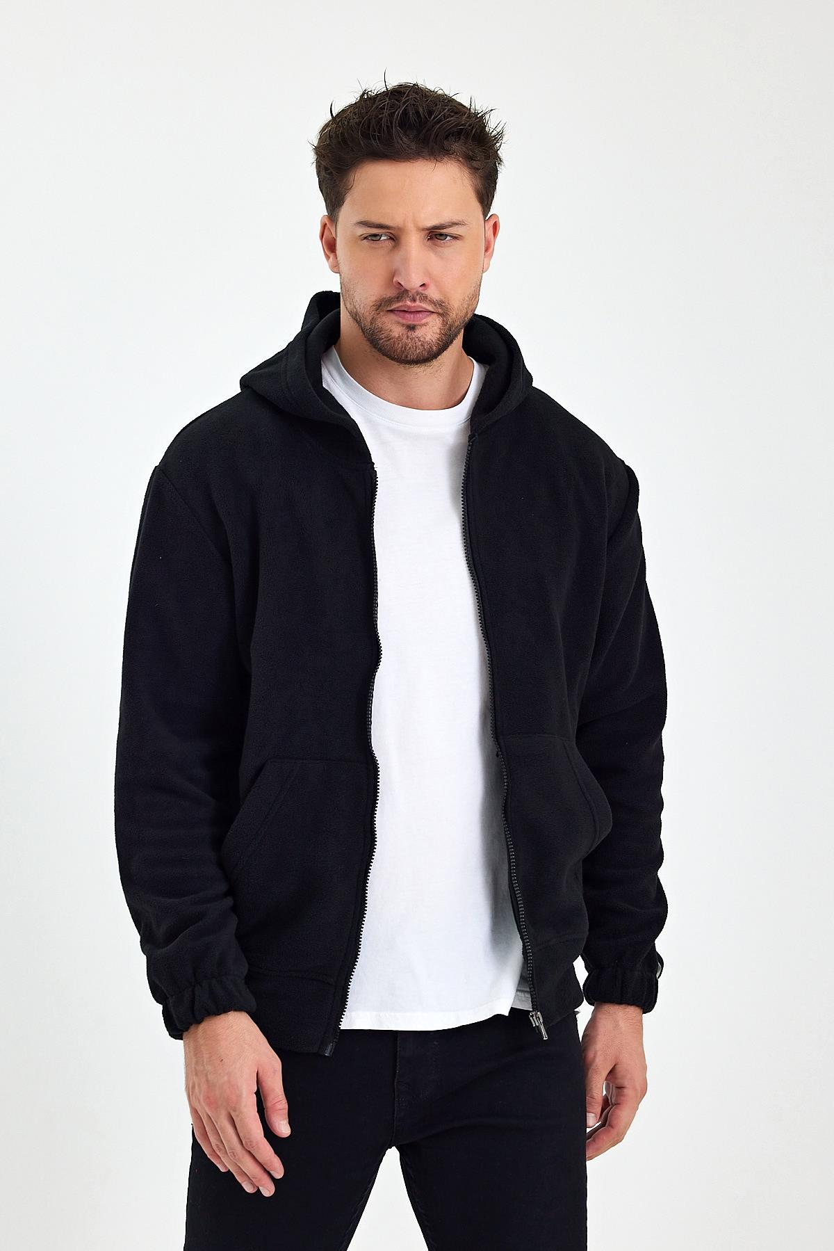 FİHA/8967-ERKEK POLAR FERMUARLI KOLU LASTIKLI SWEAT - SİYAH