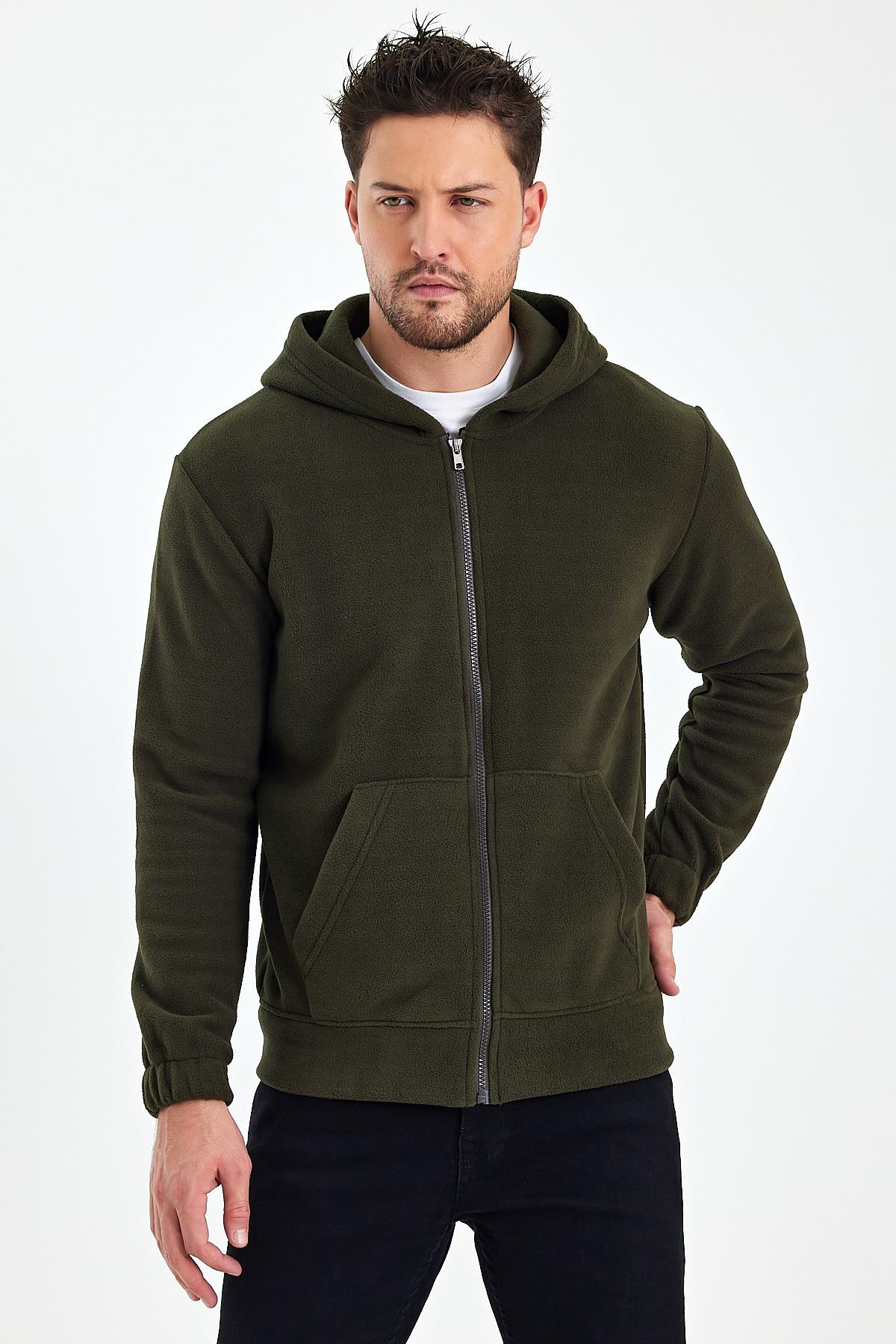 FİHA/8967-ERKEK POLAR FERMUARLI KOLU LASTIKLI SWEAT - HAKİ