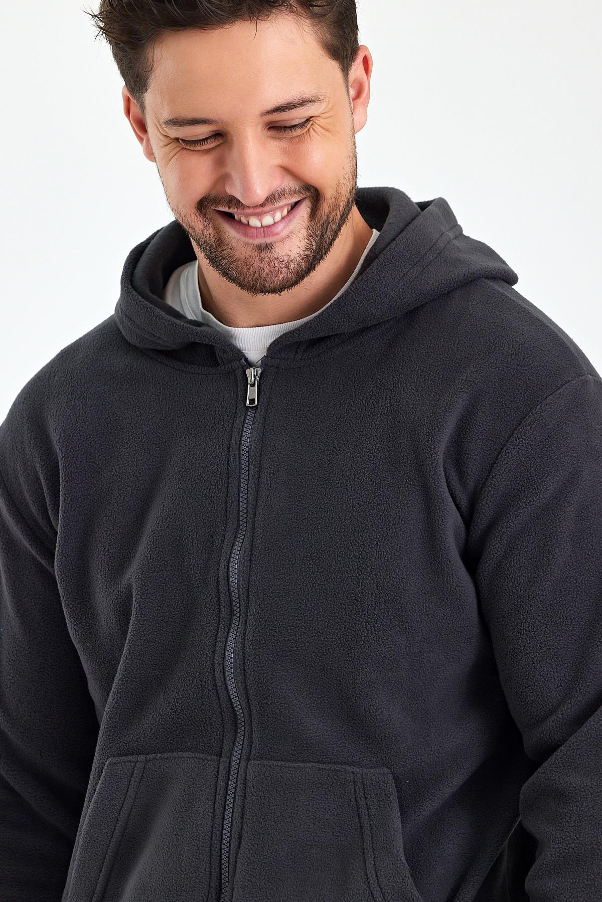 FİHA/8967-ERKEK POLAR FERMUARLI KOLU LASTIKLI SWEAT - FÜME