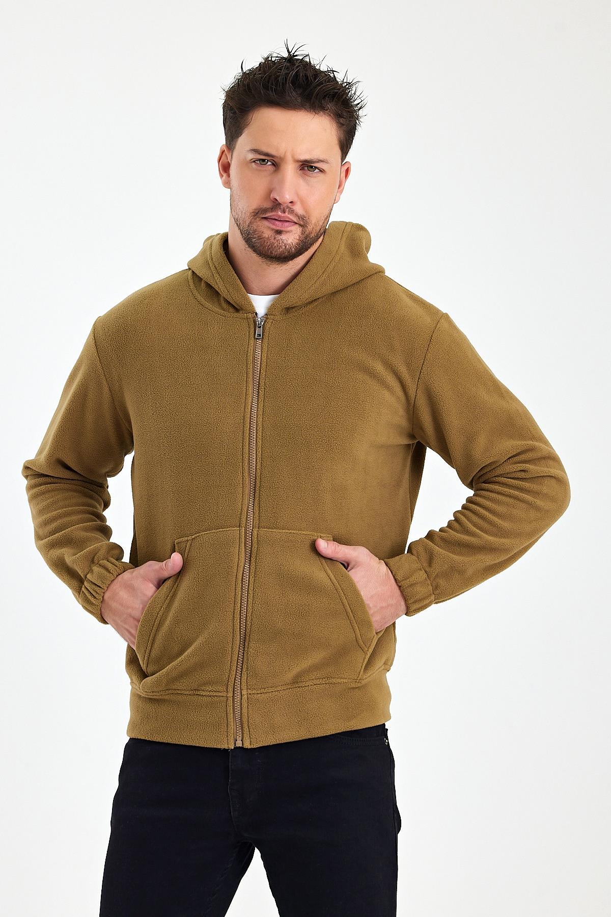 FİHA/8967-ERKEK POLAR FERMUARLI KOLU LASTIKLI SWEAT - AÇIK KAHVE