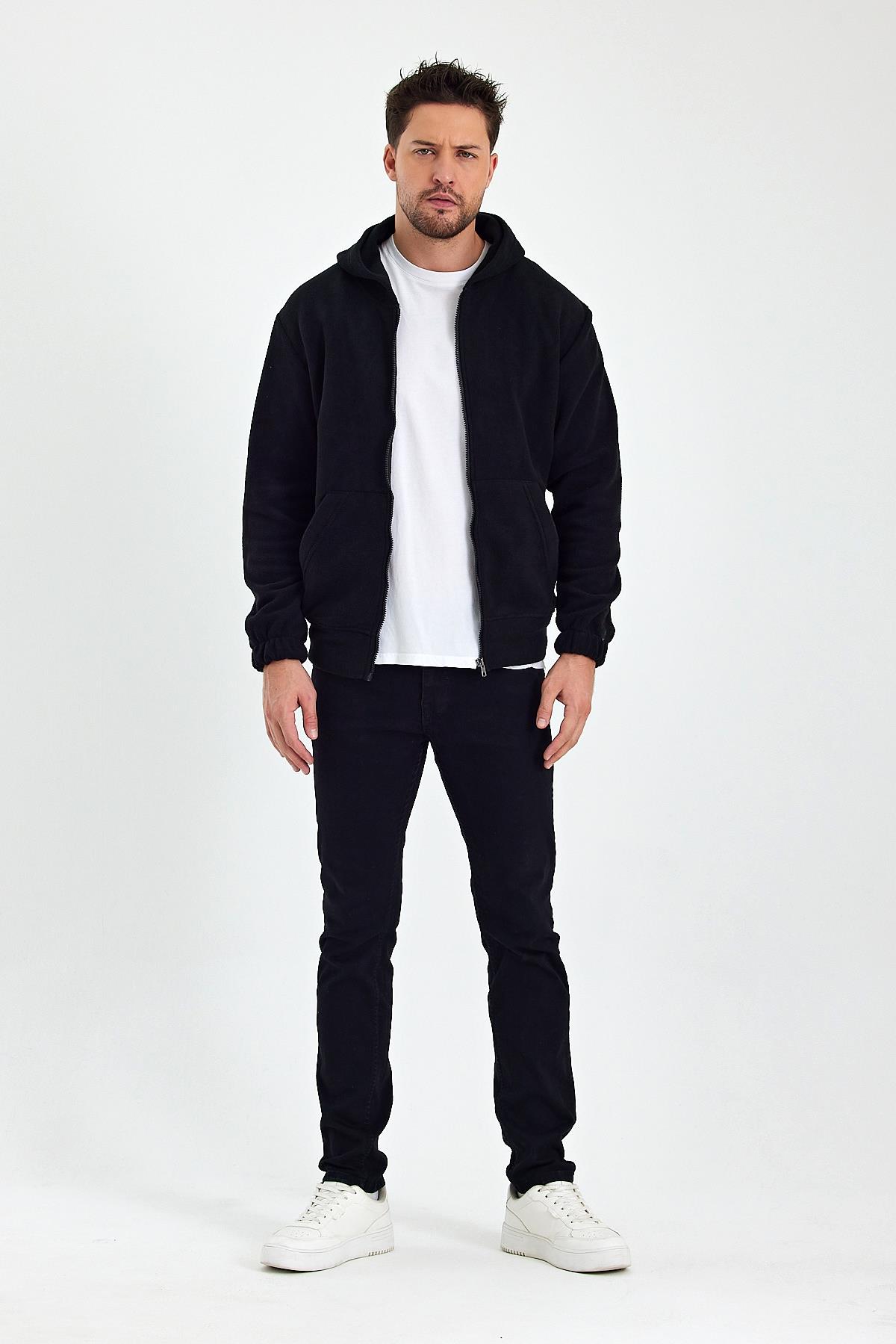 FİHA/8967-ERKEK POLAR FERMUARLI KOLU LASTIKLI SWEAT - SİYAH