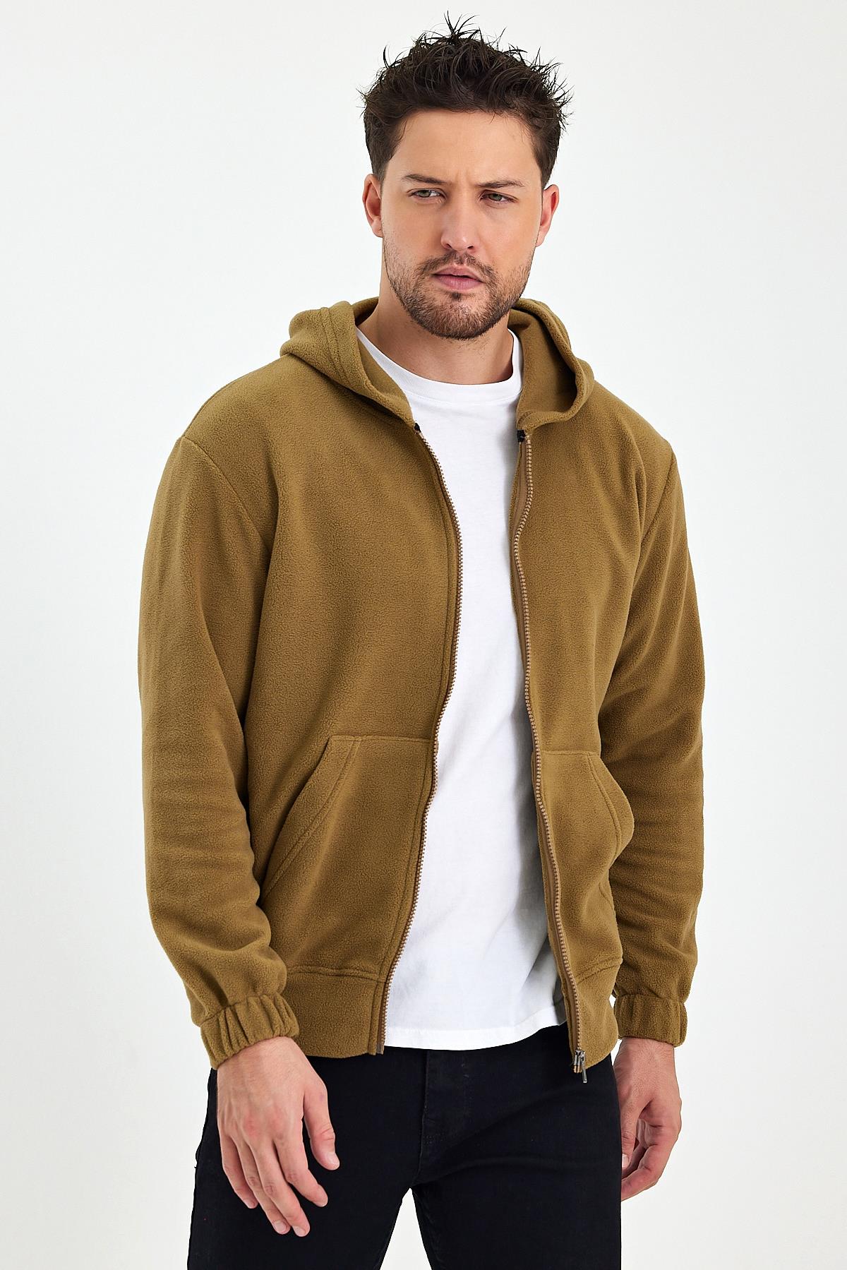 FİHA/8967-ERKEK POLAR FERMUARLI KOLU LASTIKLI SWEAT - AÇIK KAHVE