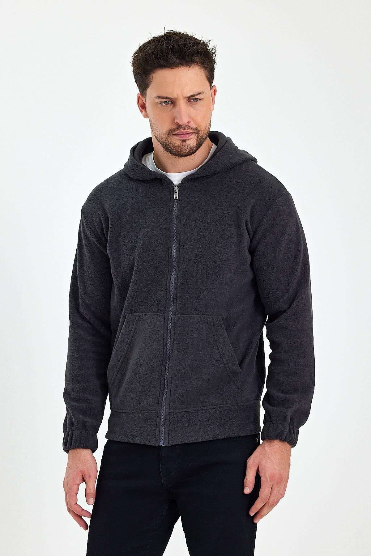 FİHA/8967-ERKEK POLAR FERMUARLI KOLU LASTIKLI SWEAT - FÜME