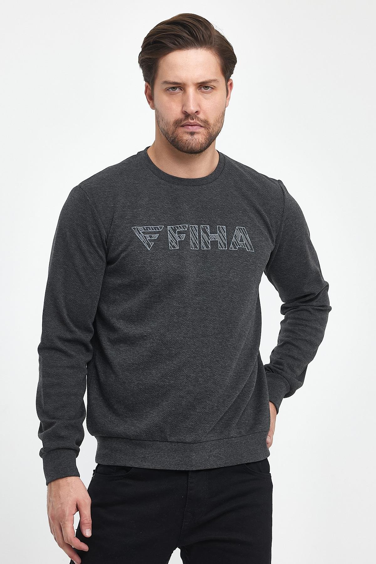 FİHA/9015-ERKEK BASKILI YAGMUR DESEN SIFIR YAKA SWEAT - ANTRASİT