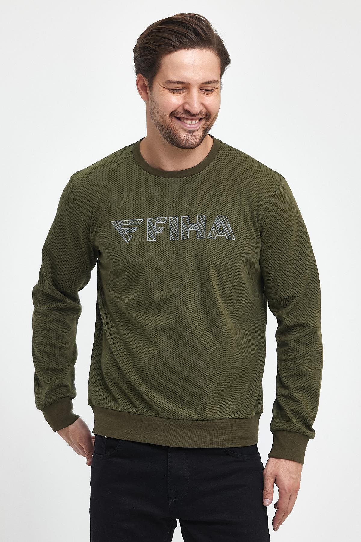 FİHA/9015-ERKEK BASKILI YAGMUR DESEN SIFIR YAKA SWEAT - HAKİ