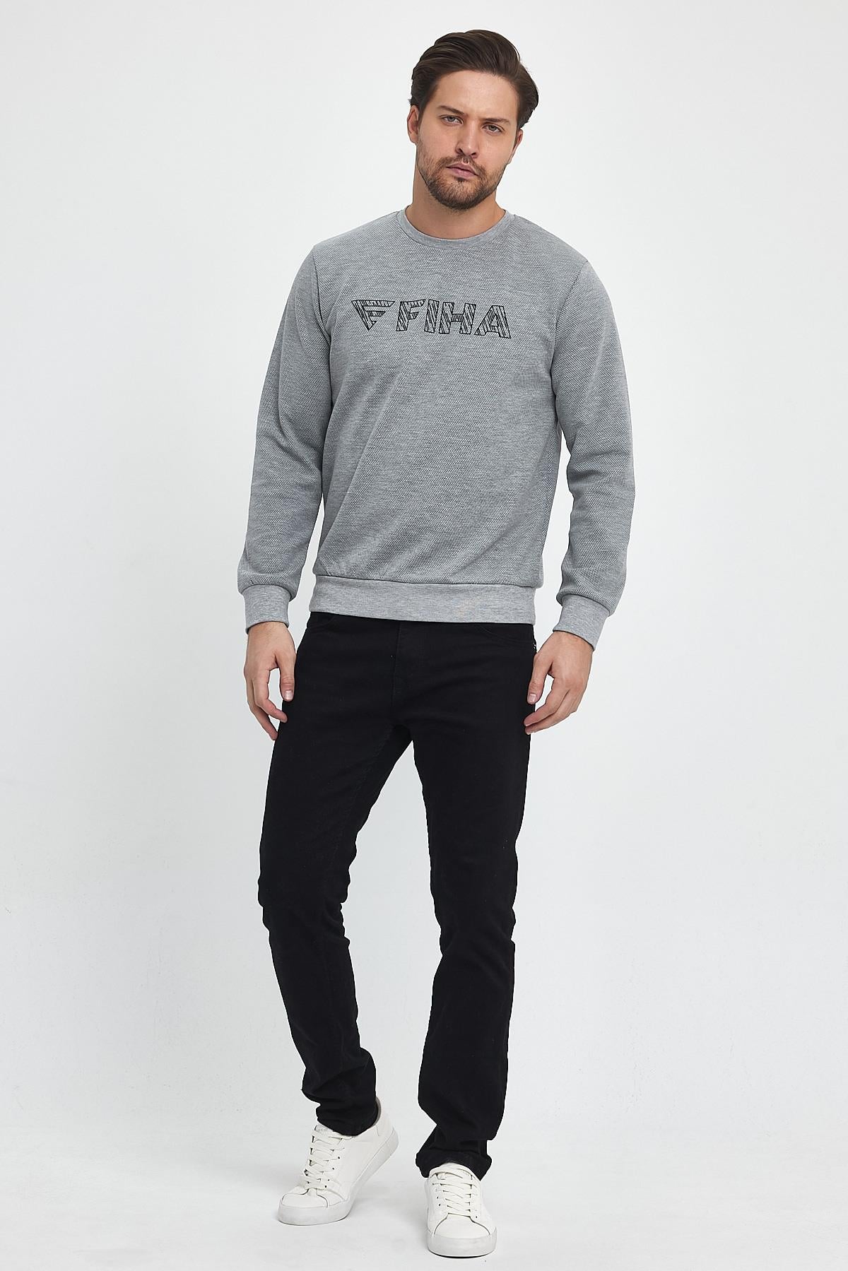 FİHA/9015-ERKEK BASKILI YAGMUR DESEN SIFIR YAKA SWEAT - GRİ