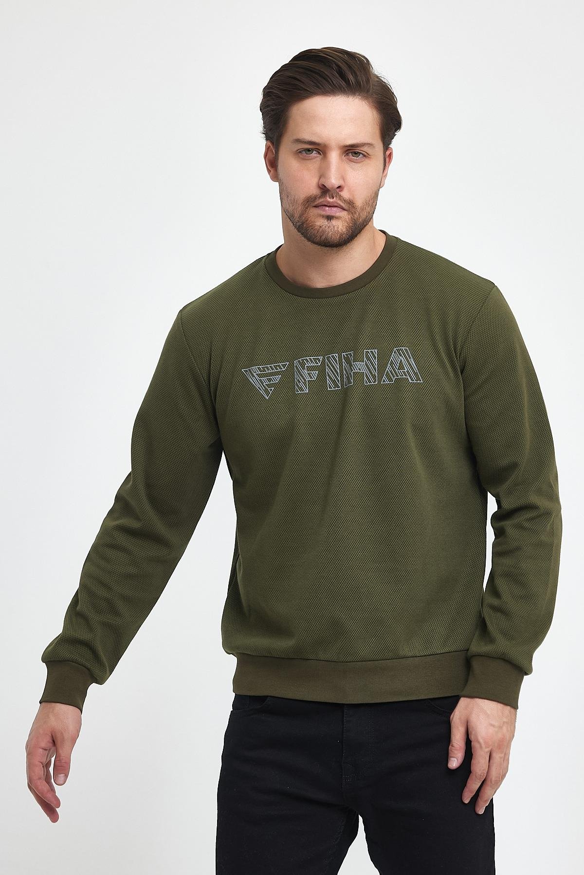 FİHA/9015-ERKEK BASKILI YAGMUR DESEN SIFIR YAKA SWEAT - HAKİ