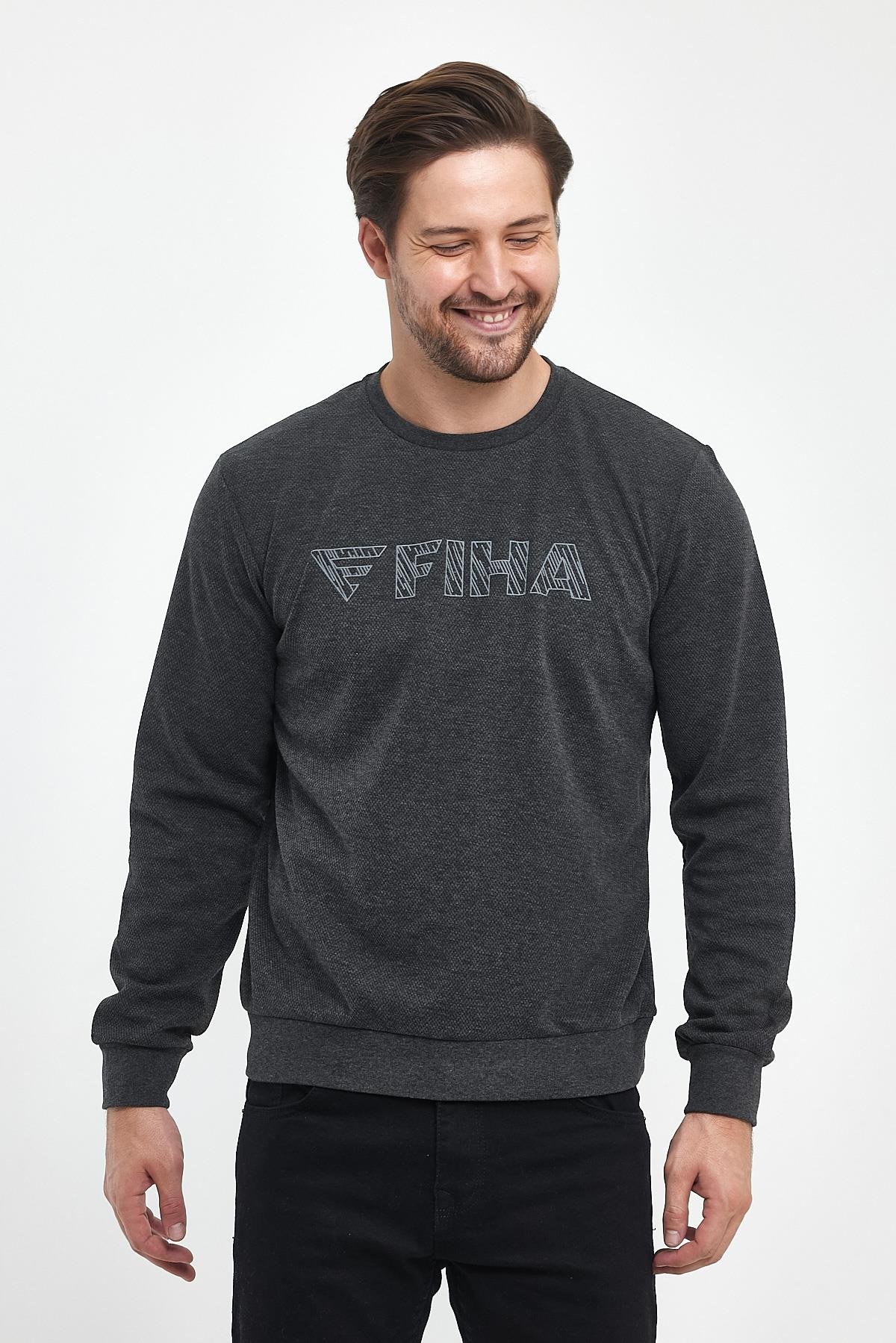 FİHA/9015-ERKEK BASKILI YAGMUR DESEN SIFIR YAKA SWEAT - ANTRASİT