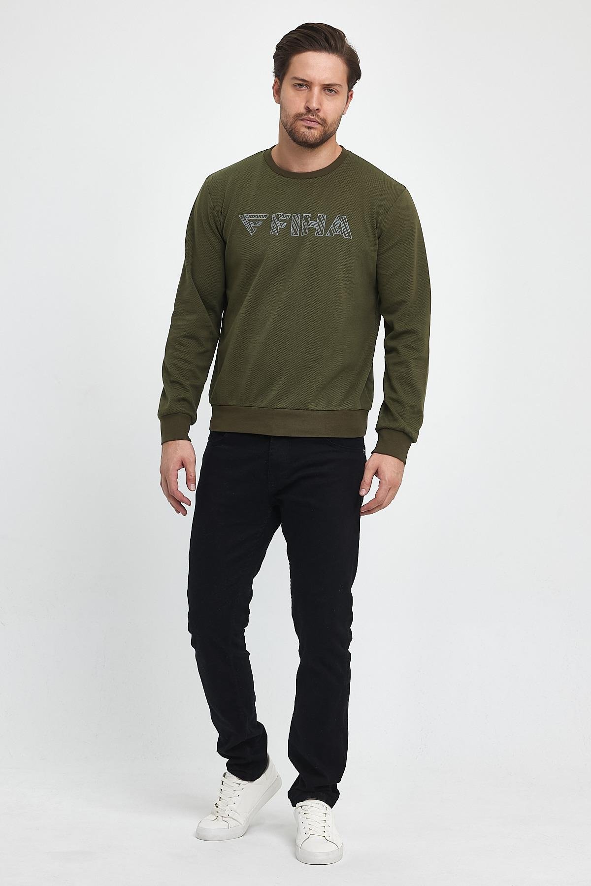 FİHA/9015-ERKEK BASKILI YAGMUR DESEN SIFIR YAKA SWEAT - HAKİ
