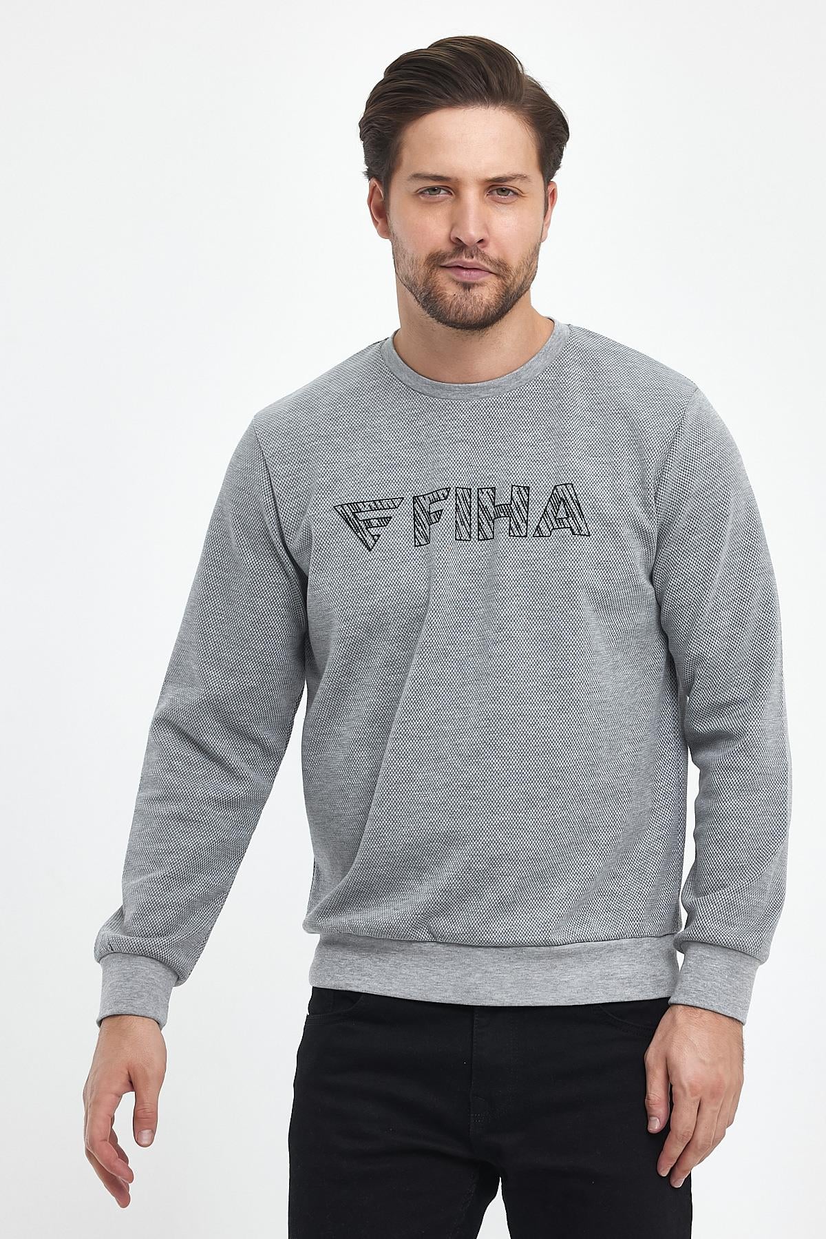 FİHA/9015-ERKEK BASKILI YAGMUR DESEN SIFIR YAKA SWEAT - GRİ