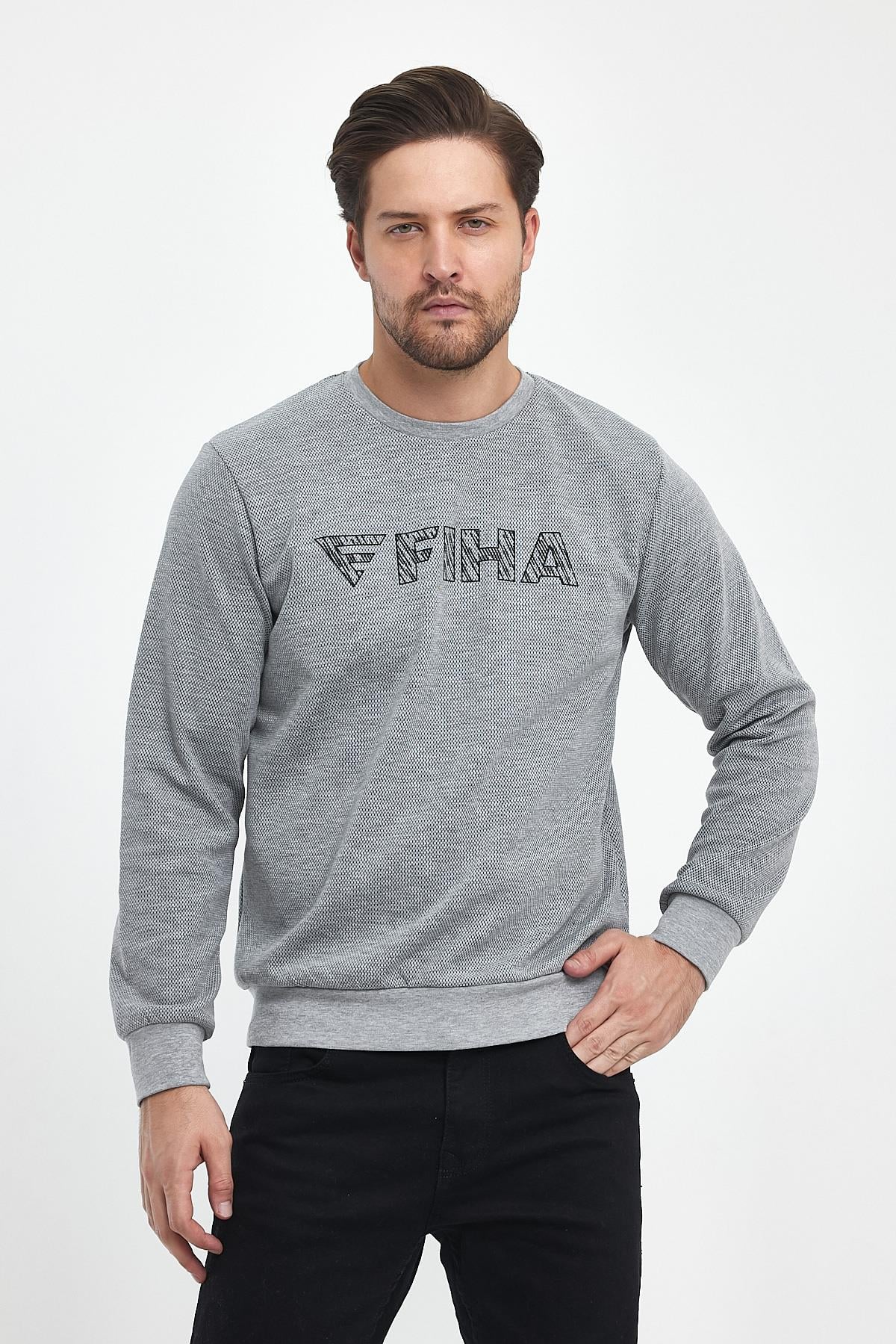 FİHA/9015-ERKEK BASKILI YAGMUR DESEN SIFIR YAKA SWEAT - GRİ