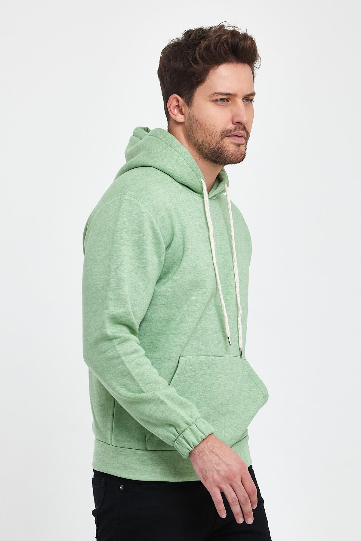 FİHA/9016-ERKEK KOLU LASTİKLİ KAPŞONLU SWEAT - FISTIK YEŞİLİ