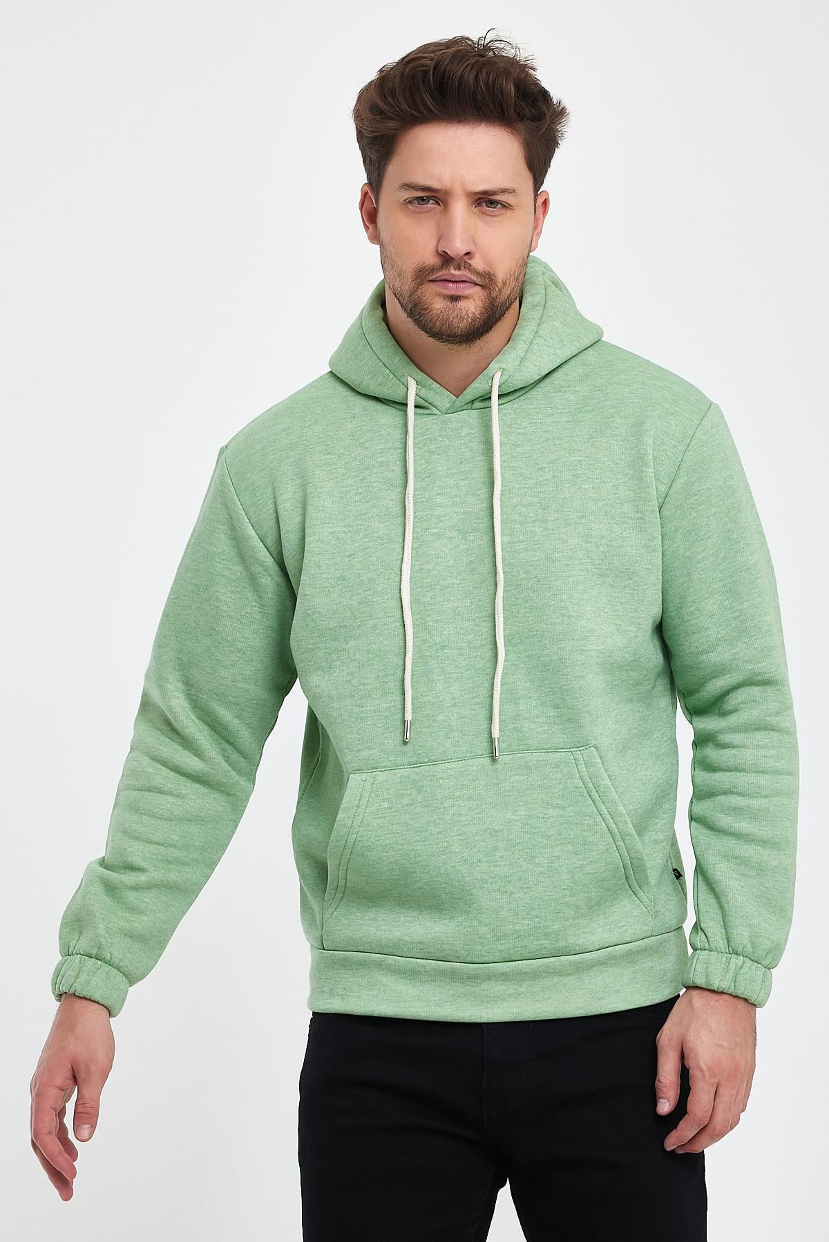 FİHA/9016-ERKEK KOLU LASTİKLİ KAPŞONLU SWEAT - FISTIK YEŞİLİ