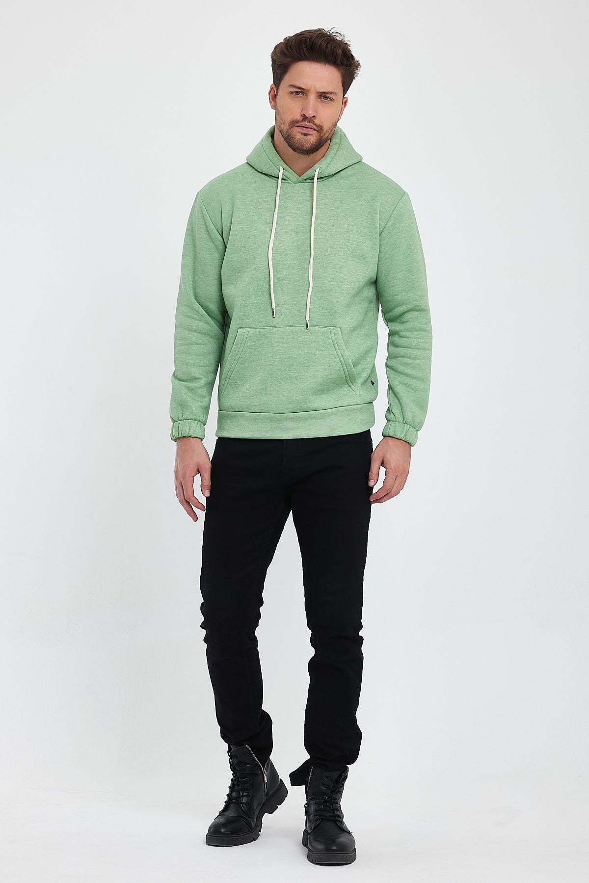 FİHA/9016-ERKEK KOLU LASTİKLİ KAPŞONLU SWEAT - FISTIK YEŞİLİ