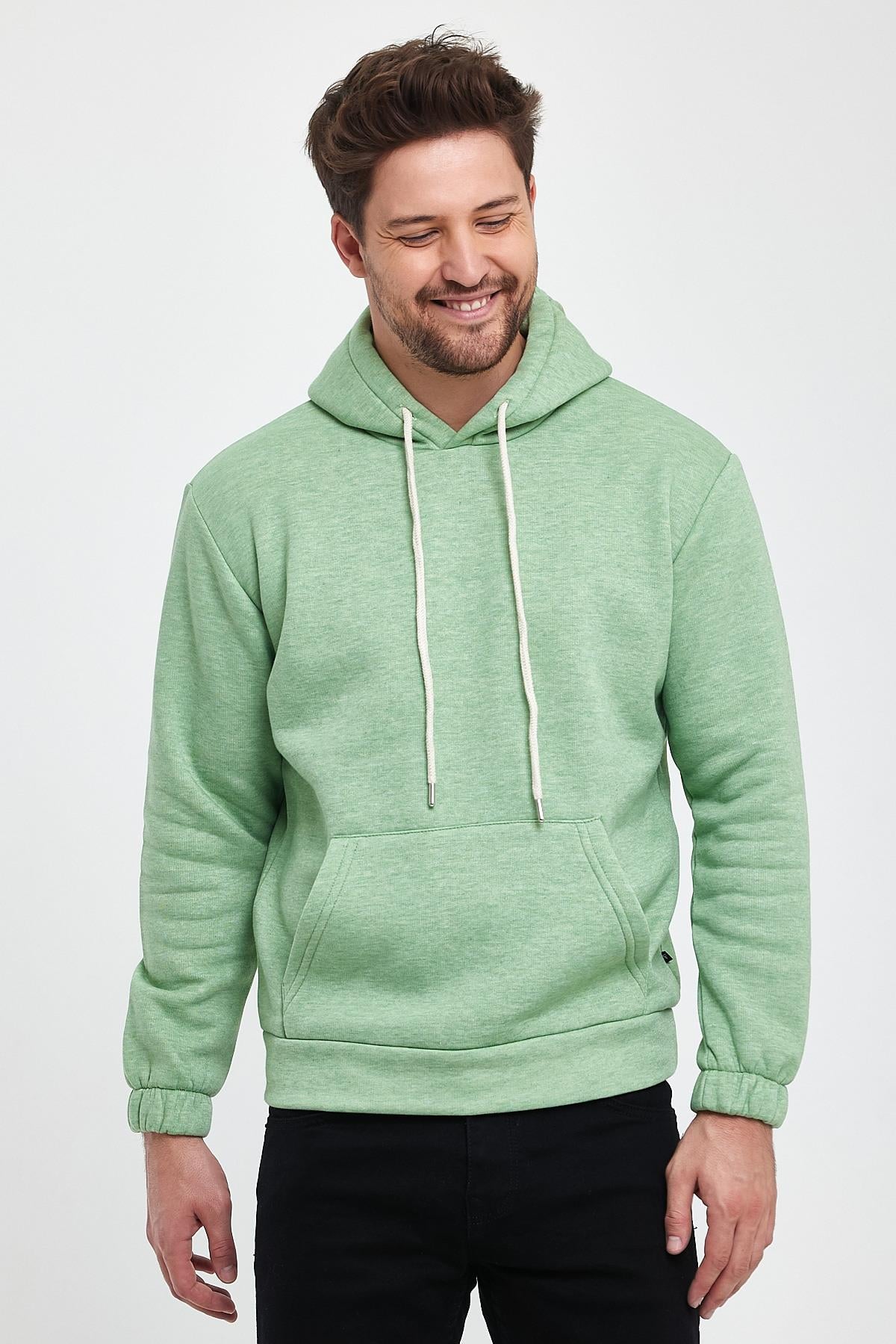 FİHA/9016-ERKEK KOLU LASTİKLİ KAPŞONLU SWEAT - FISTIK YEŞİLİ