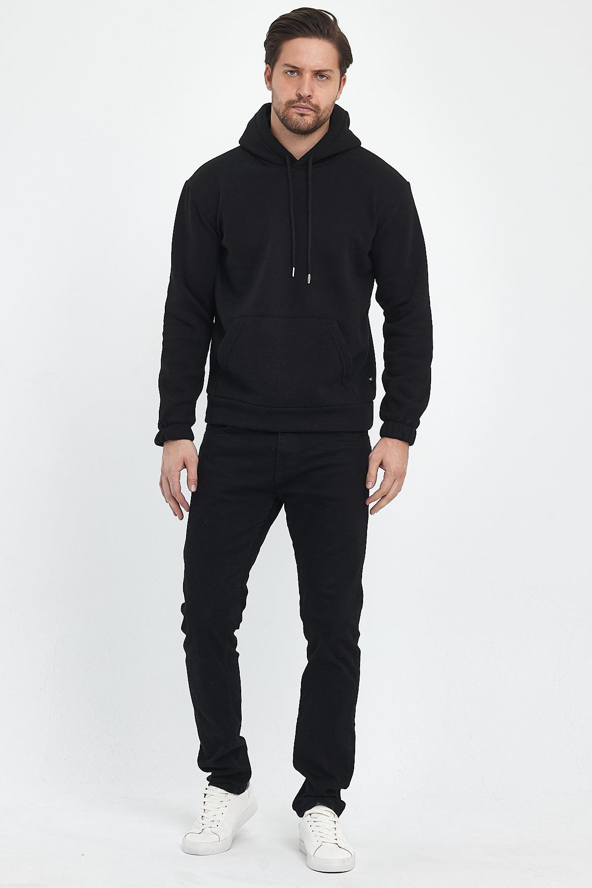 FİHA/9016-ERKEK KOLU LASTİKLİ OVERSIZE KAPŞONLU SWEAT - SİYAH