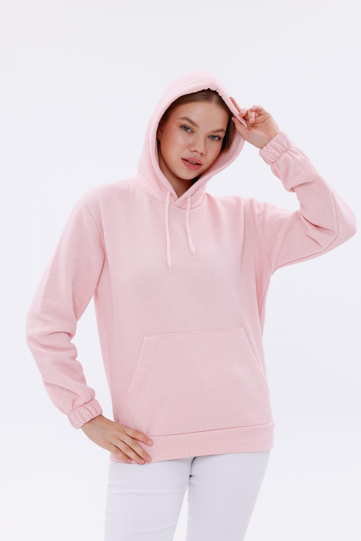 FİHA/9016-KOLU LASTİKLİ KAPŞONLU SWEAT - PEMBE