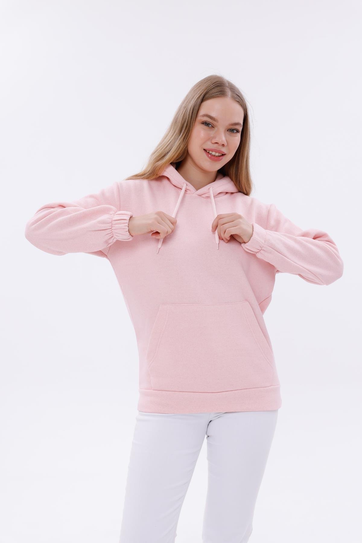 FİHA/9016-KOLU LASTİKLİ KAPŞONLU SWEAT - PEMBE