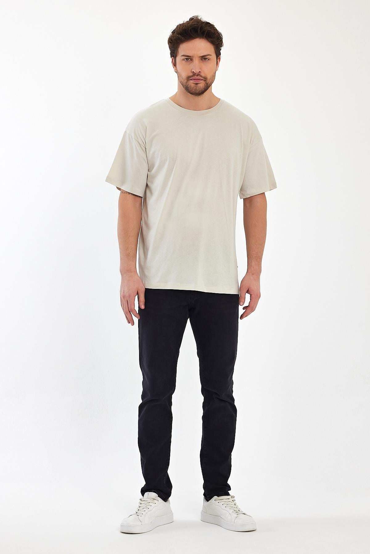 FİHA/9030-ERKEK COMPACT PENYE OVERSIZE T-SHIRT - TAŞ