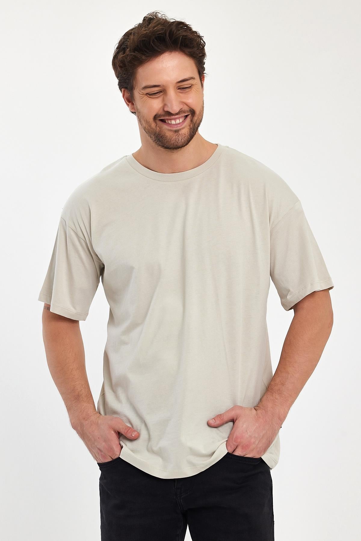 FİHA/9030-ERKEK COMPACT PENYE OVERSIZE T-SHIRT - TAŞ