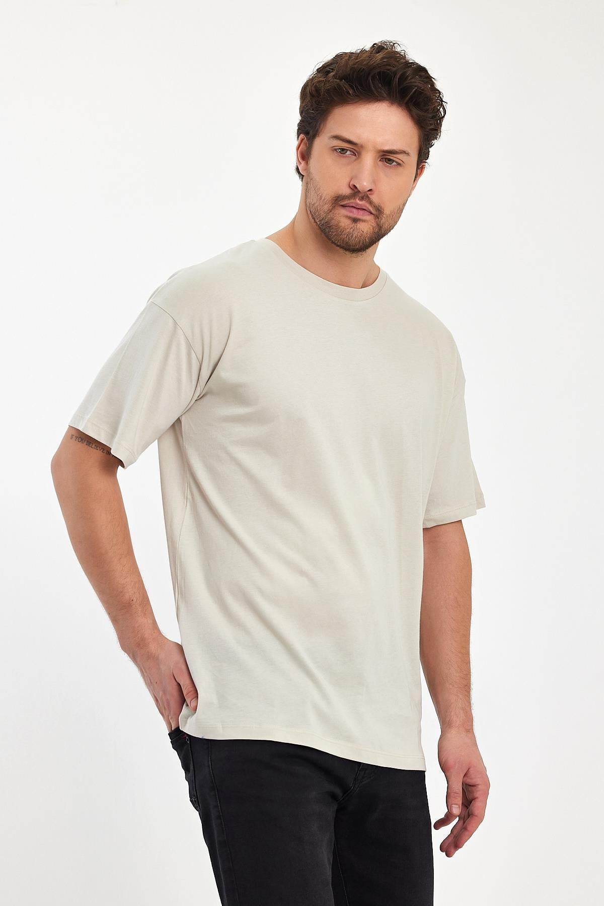 FİHA/9030-ERKEK COMPACT PENYE OVERSIZE T-SHIRT - TAŞ