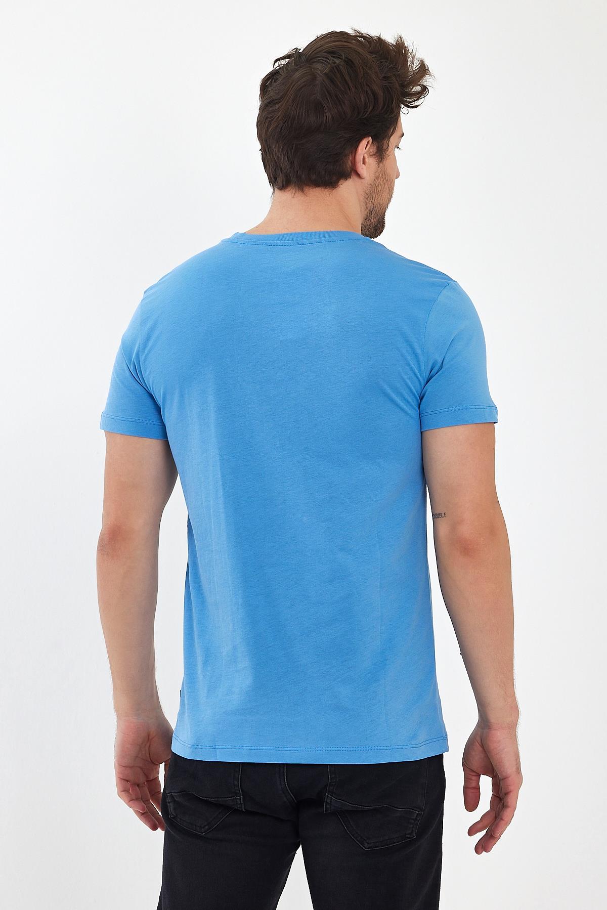 FİHA/9035-ERKEK COMPACT PENYE V YAKA T-SHIRT - LICHEN BLUE