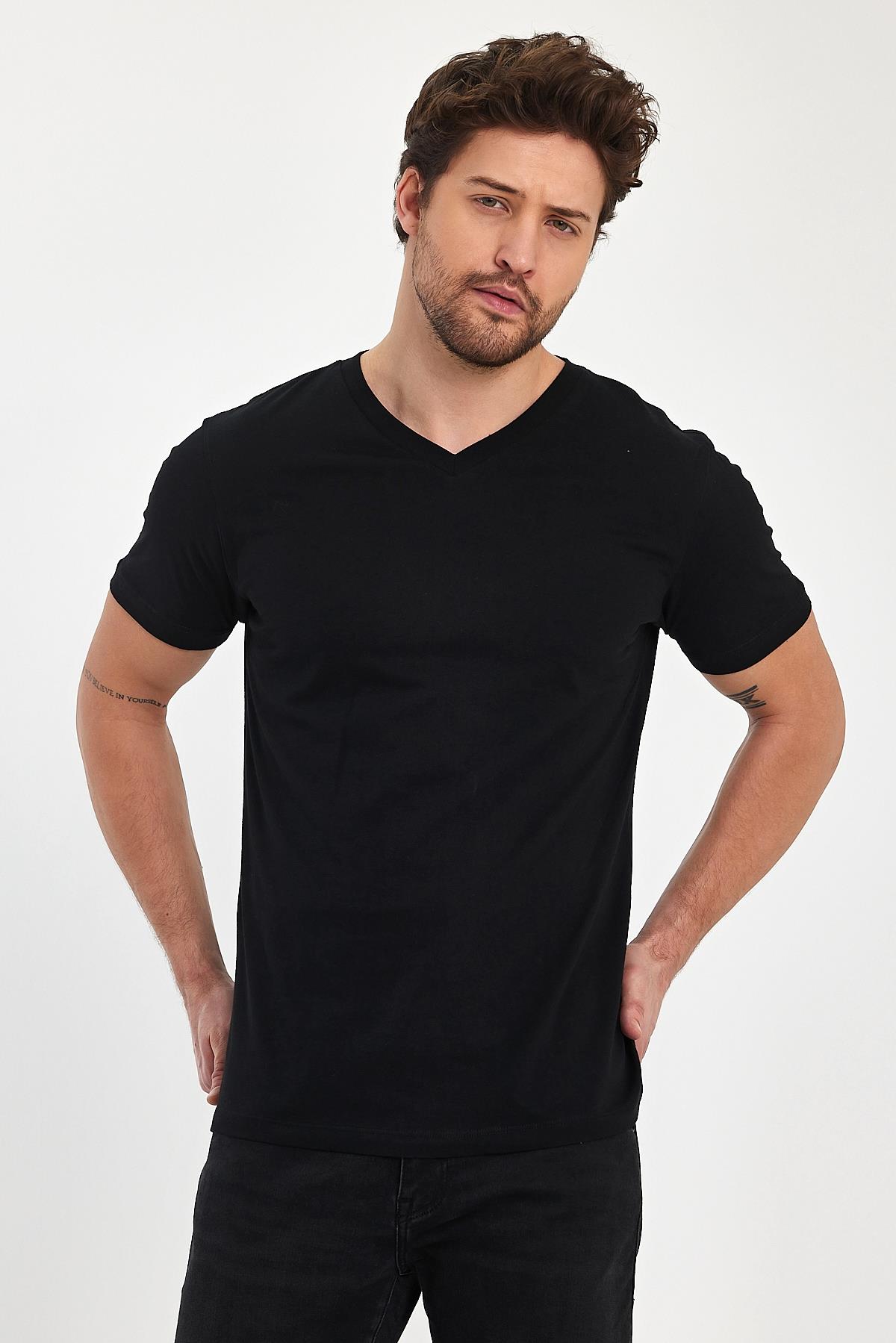 FİHA/9035-ERKEK COMPACT PENYE V YAKA T-SHIRT - SİYAH