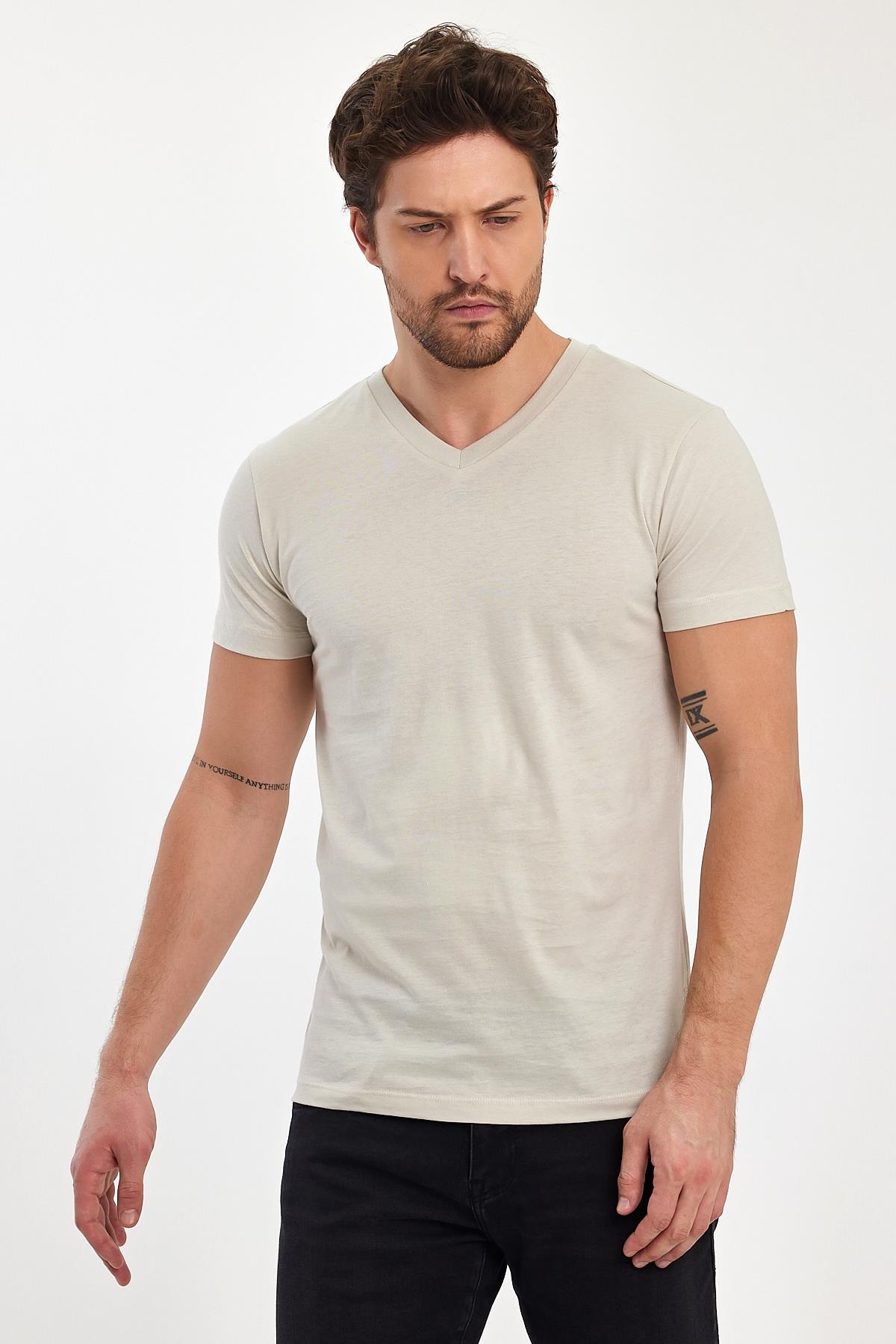 FİHA/9035-ERKEK COMPACT PENYE V YAKA T-SHIRT - TAŞ