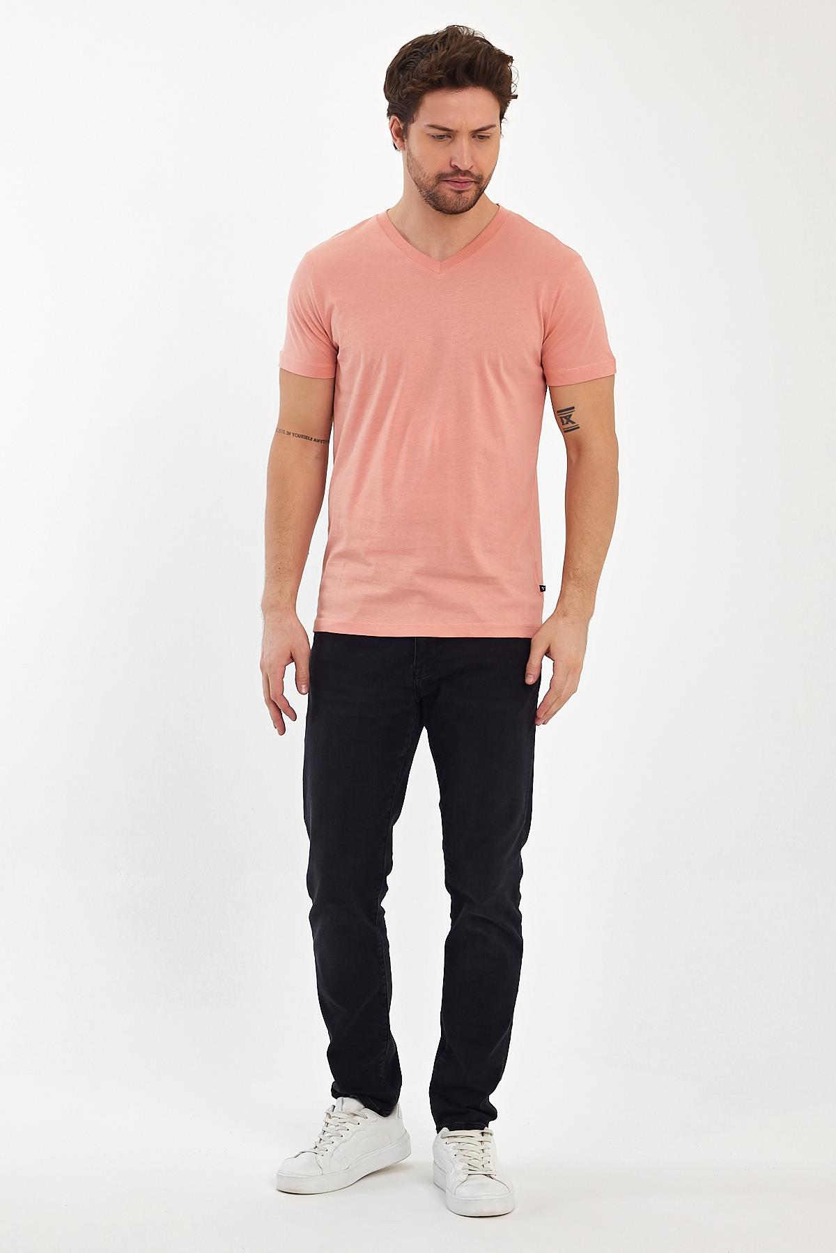FİHA/9035-ERKEK COMPACT PENYE V YAKA T-SHIRT - APRICOT CRUSH