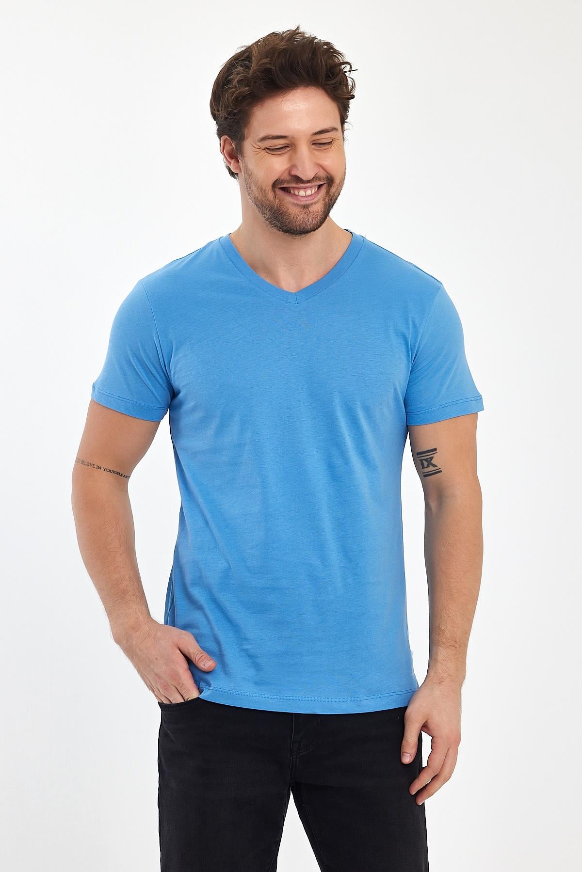 FİHA/9035-ERKEK COMPACT PENYE V YAKA T-SHIRT - LICHEN BLUE